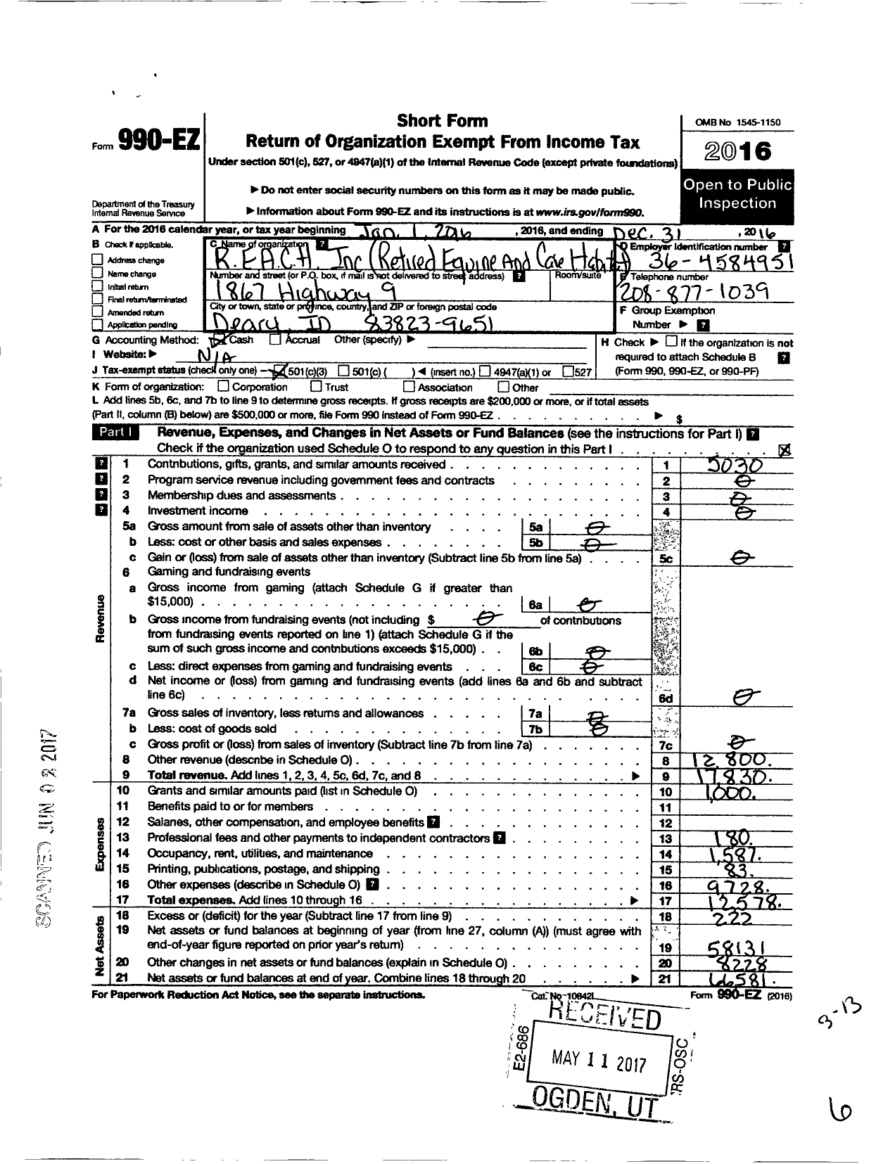 Image of first page of 2016 Form 990EZ for Reach Retired Equine and Care Habitat