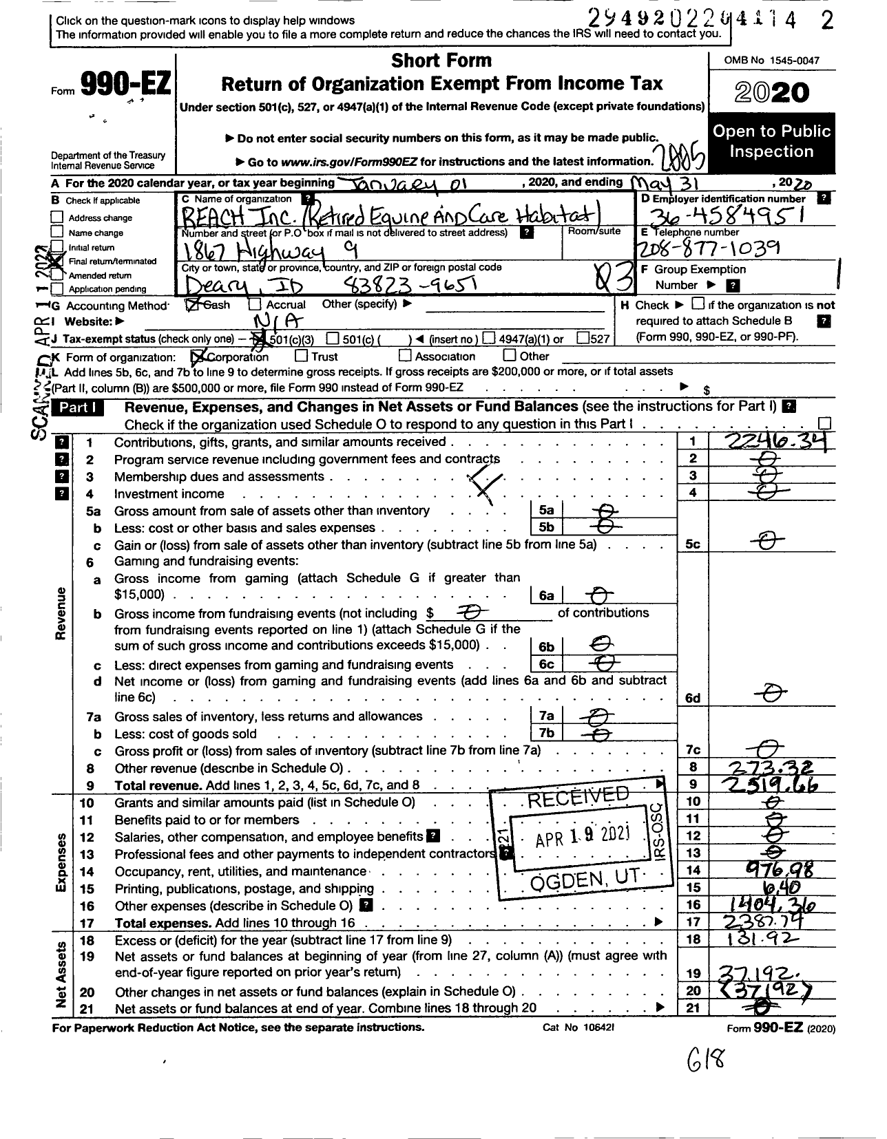 Image of first page of 2019 Form 990EZ for Reach Retired Equine and Care Habitat