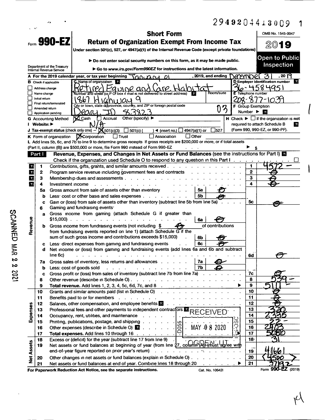 Image of first page of 2019 Form 990EZ for Reach Retired Equine and Care Habitat