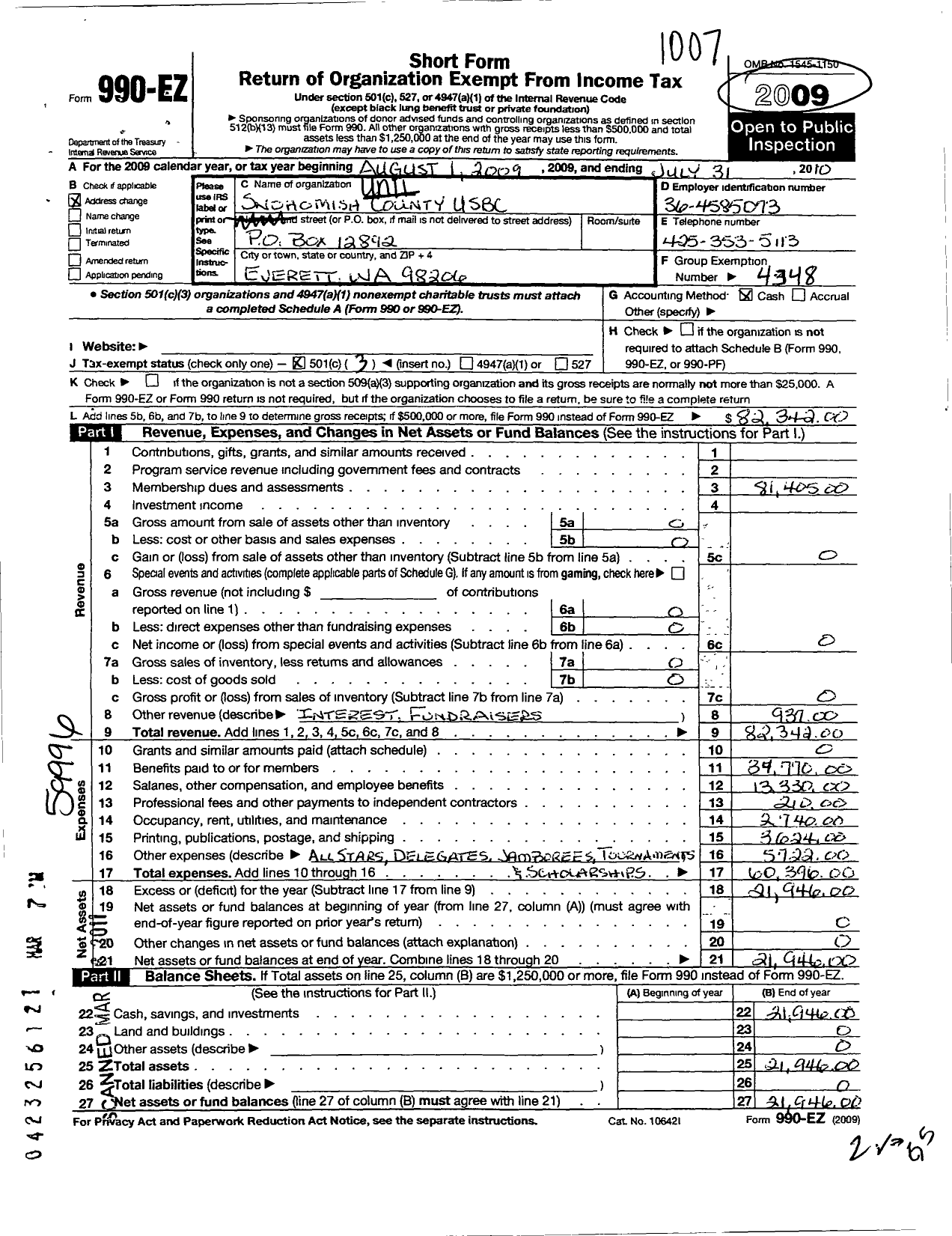 Image of first page of 2009 Form 990EZ for United States Bowling Congress - 86216 Snohomish County Usbc