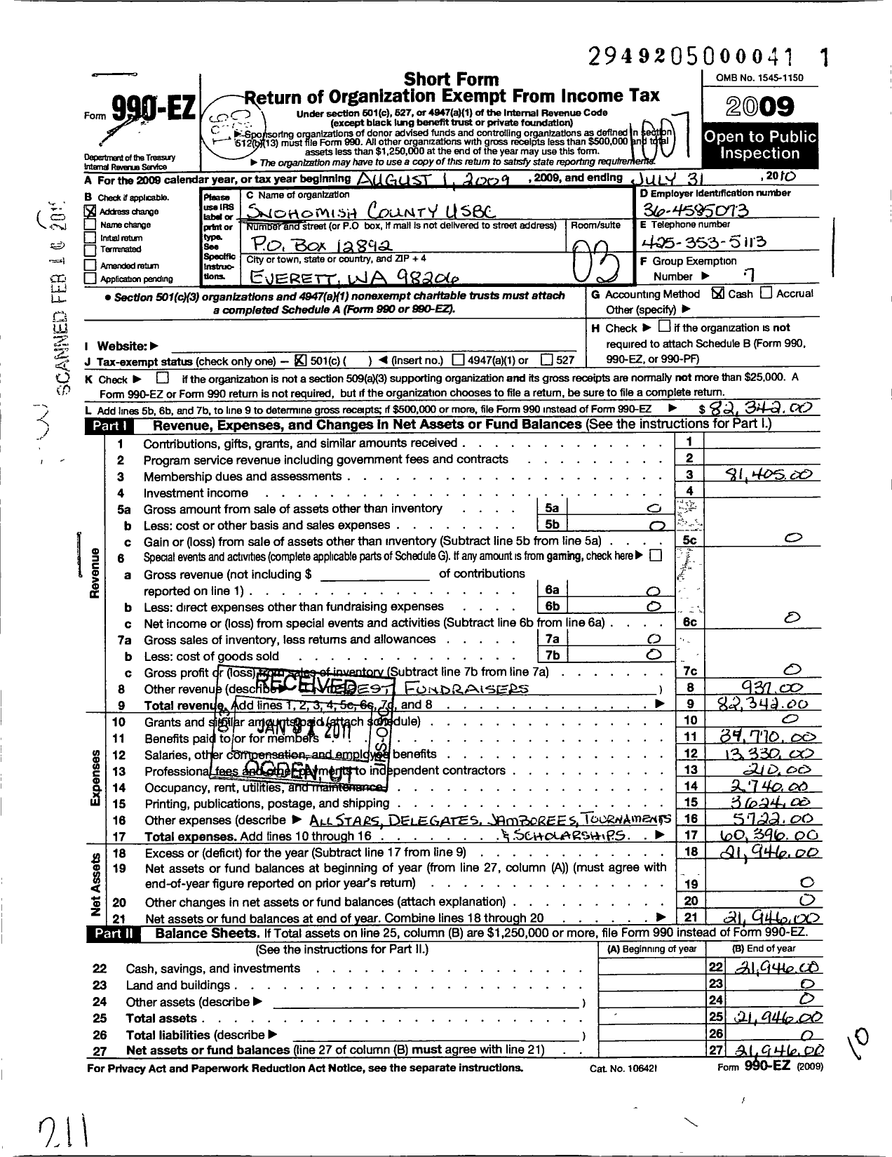 Image of first page of 2009 Form 990ER for United States Bowling Congress - 86216 Snohomish County Usbc