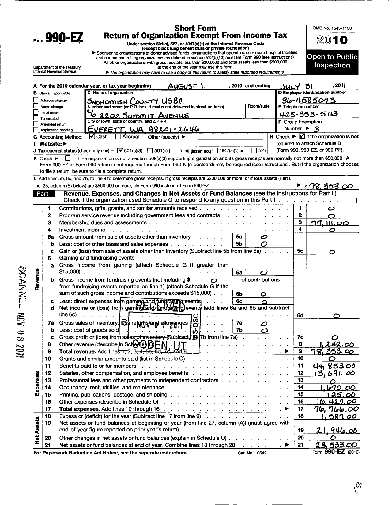 Image of first page of 2010 Form 990EZ for United States Bowling Congress - 86216 Snohomish County Usbc