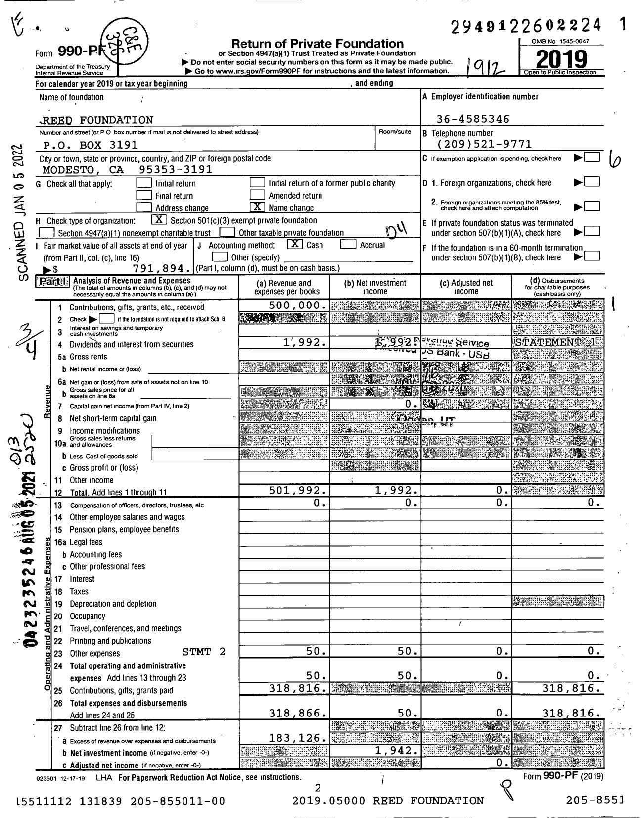 Image of first page of 2019 Form 990PF for Reed Foundation