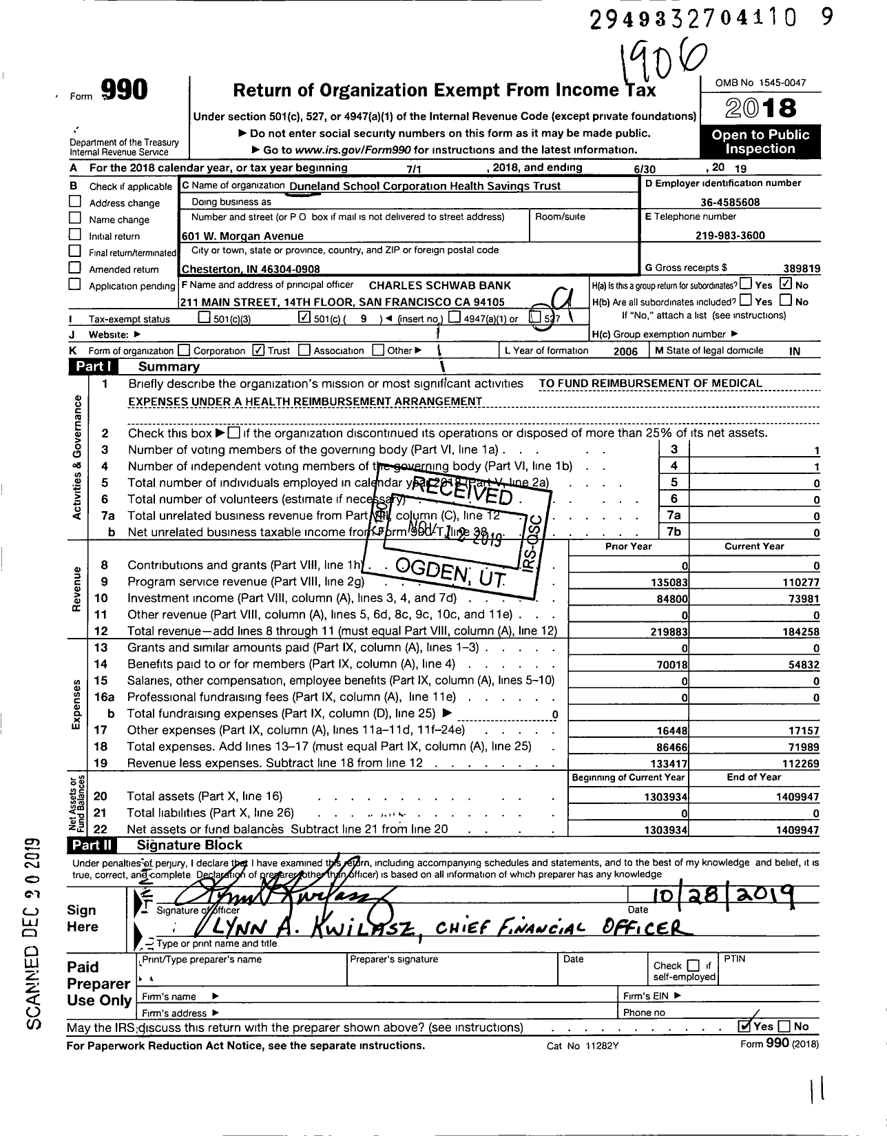 Image of first page of 2018 Form 990O for Duneland School Corporation Health Savings Trust