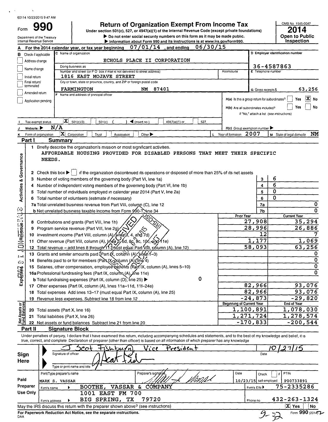 Image of first page of 2014 Form 990 for Echols Place Ii Corporation
