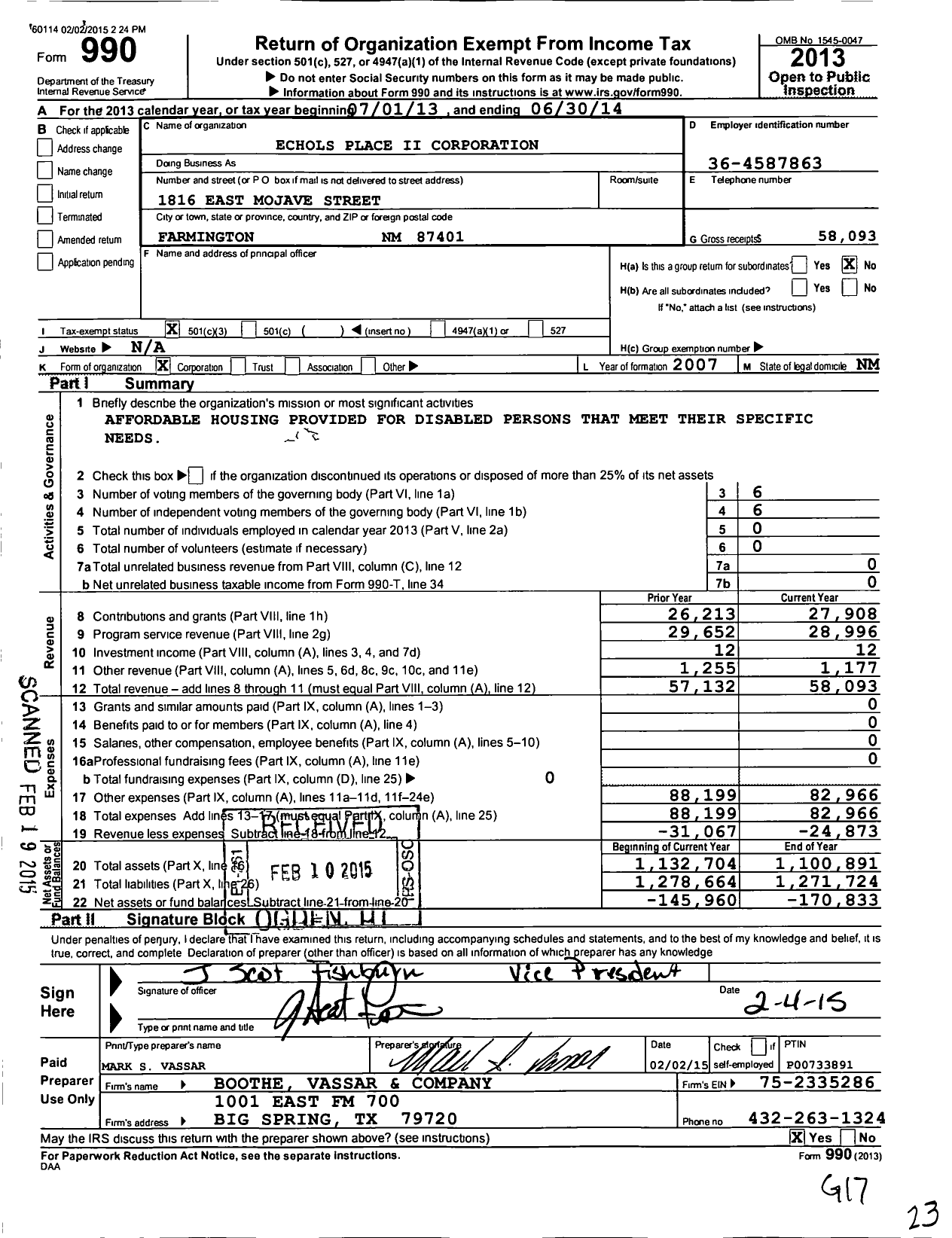 Image of first page of 2013 Form 990 for Echols Place Ii Corporation