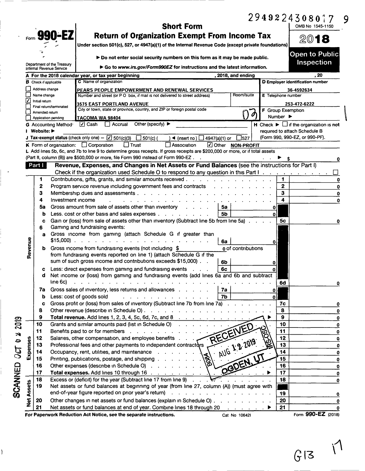 Image of first page of 2018 Form 990EZ for Pears People Empowerment and Renewal Services