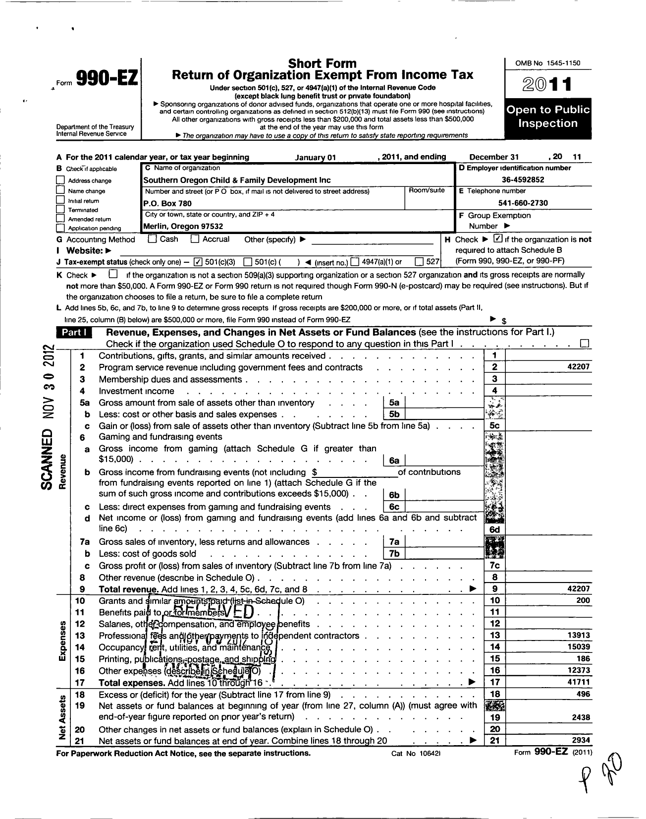 Image of first page of 2011 Form 990EZ for Southern Oregon Child and Family Development Foundation