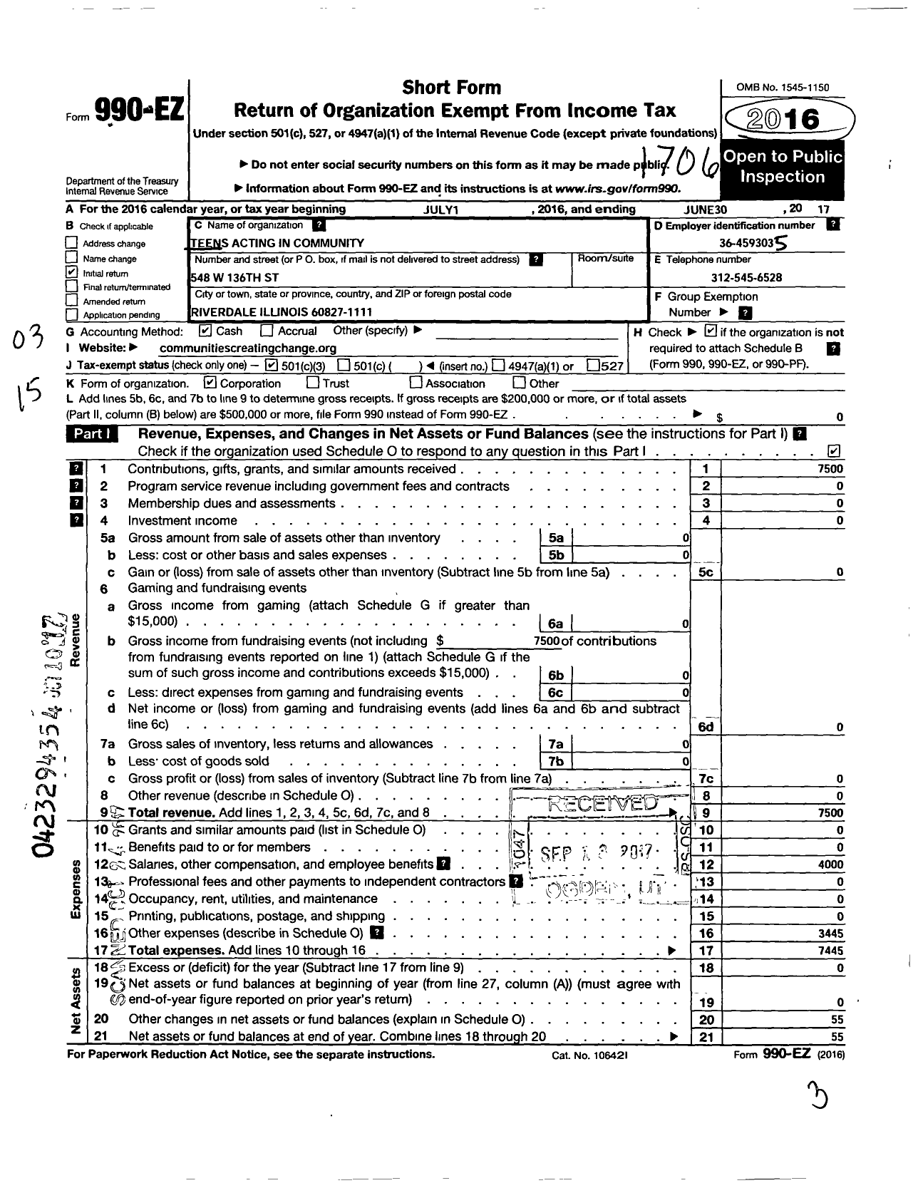 Image of first page of 2016 Form 990EZ for Teens Acting in Community