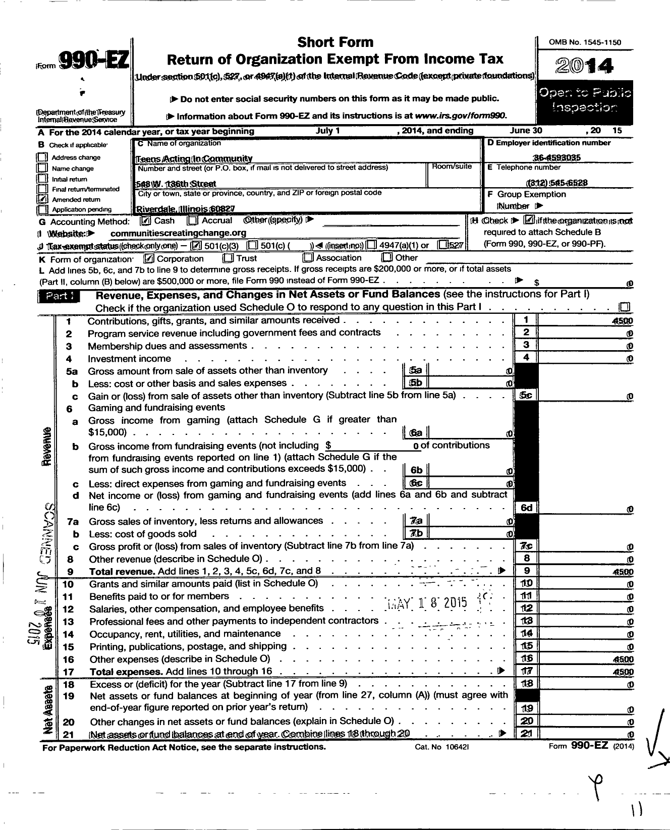 Image of first page of 2014 Form 990EZ for Teens Acting in Community