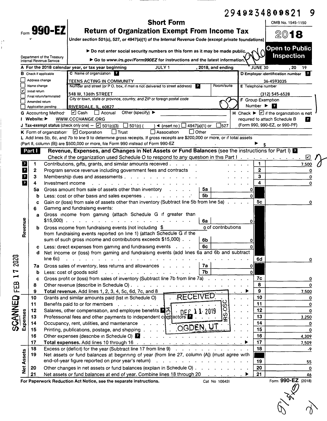 Image of first page of 2018 Form 990EZ for Teens Acting in Community