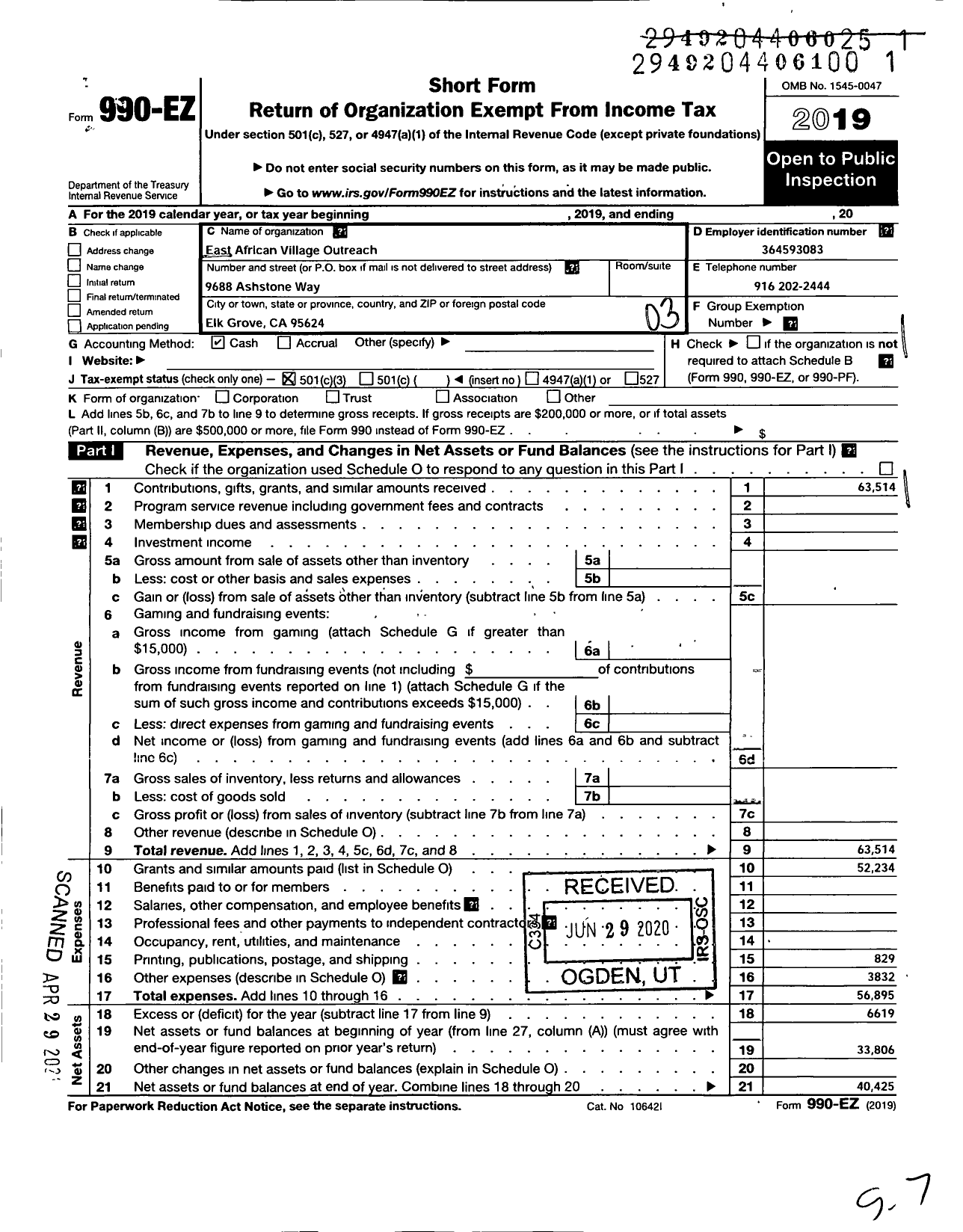 Image of first page of 2019 Form 990EZ for East African Village Outreach (EAVO)