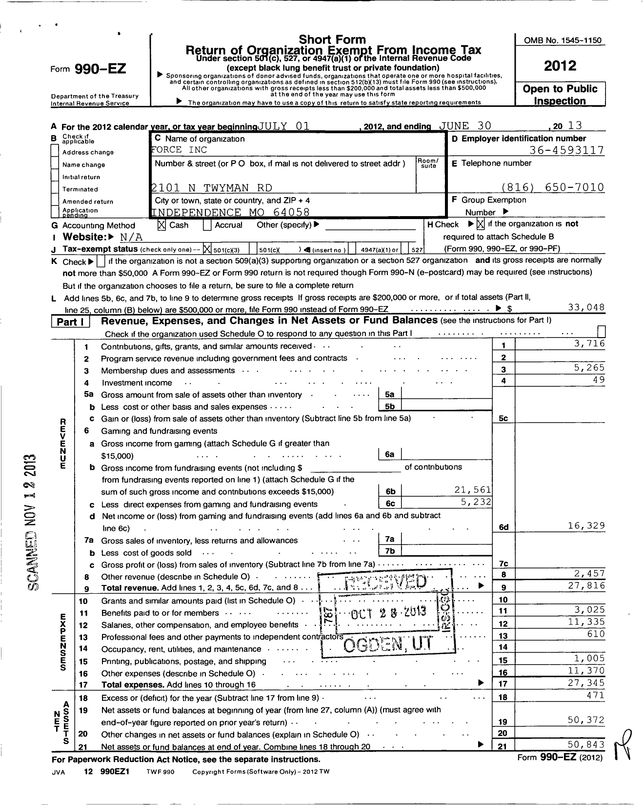 Image of first page of 2012 Form 990EZ for Fort Osage Education Foundation