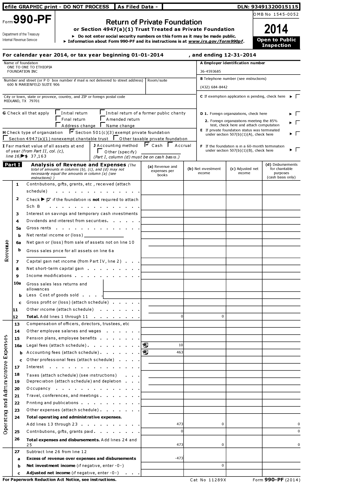 Image of first page of 2014 Form 990PF for One To One To Ethiopia Foundation