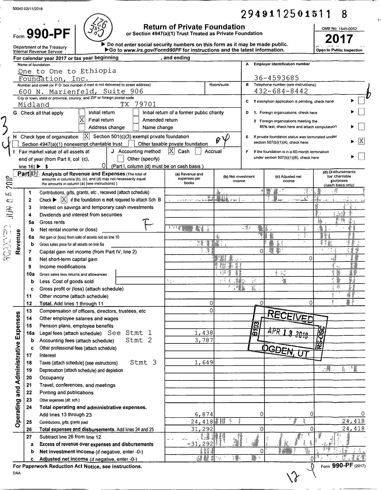 Image of first page of 2017 Form 990PF for One To One To Ethiopia Foundation