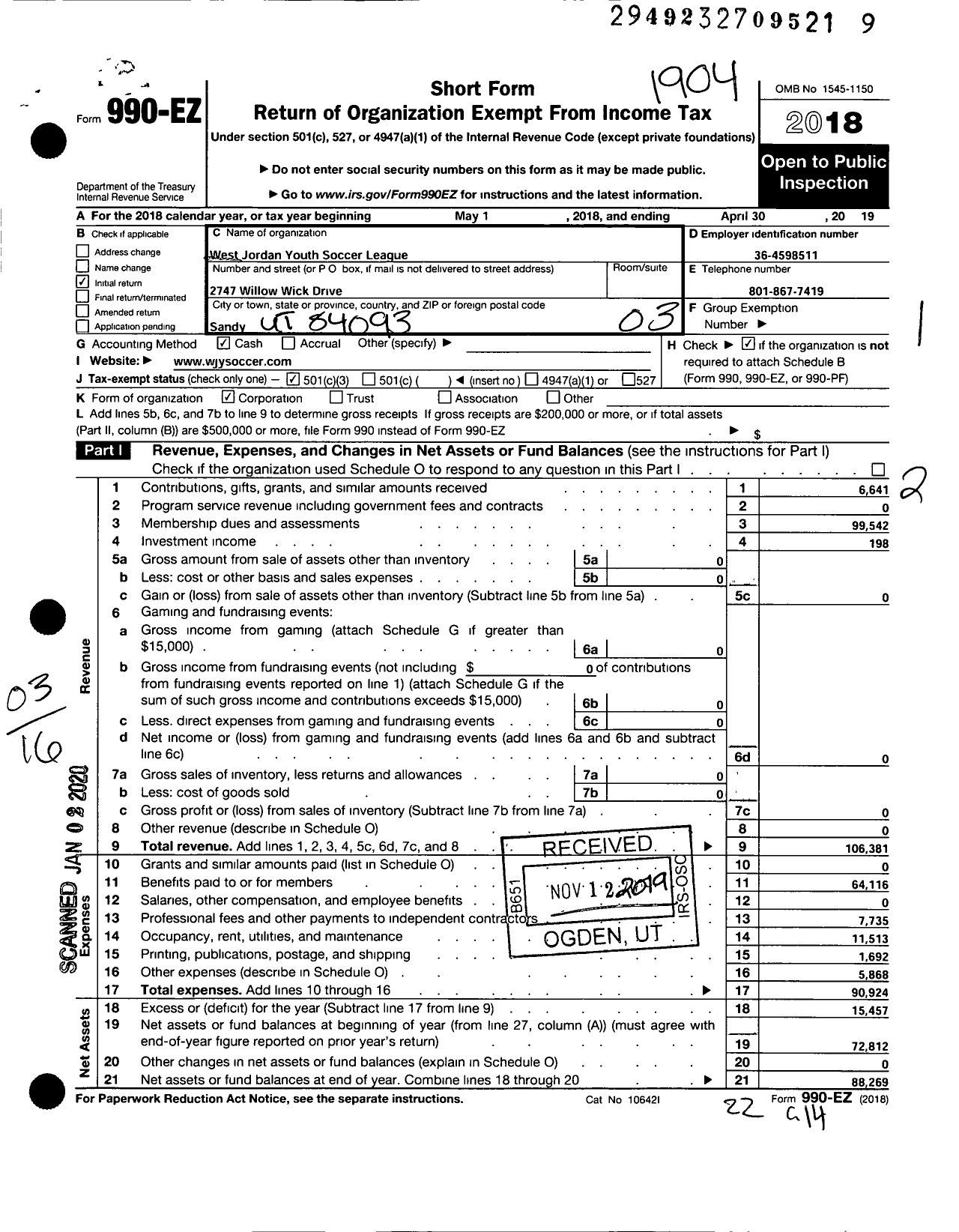 Image of first page of 2018 Form 990EZ for West Jordan Youth Soccer League