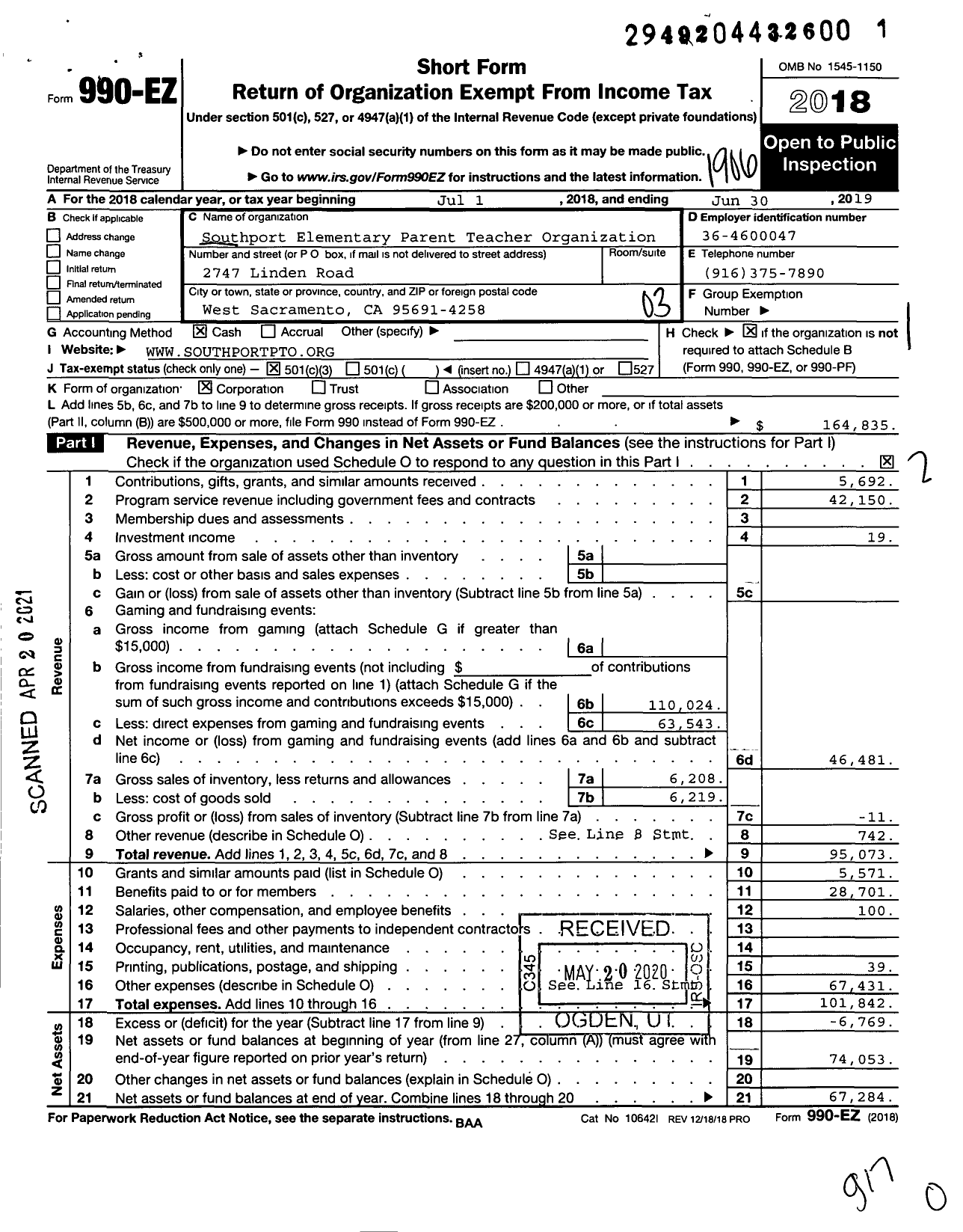 Image of first page of 2018 Form 990EZ for Southport Elementary Parent Teachers Organization