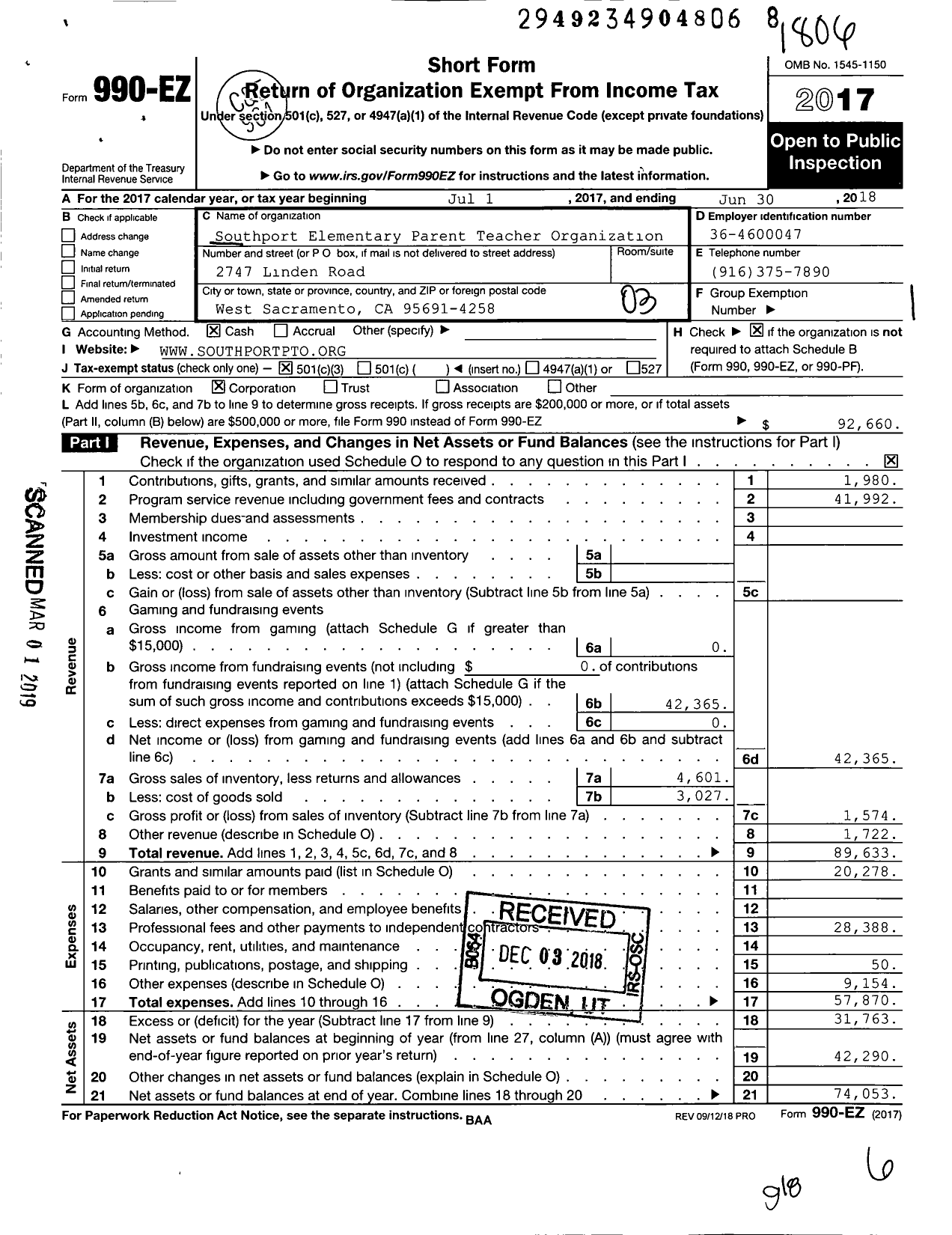 Image of first page of 2017 Form 990EZ for Southport Elementary Parent Teachers Organization