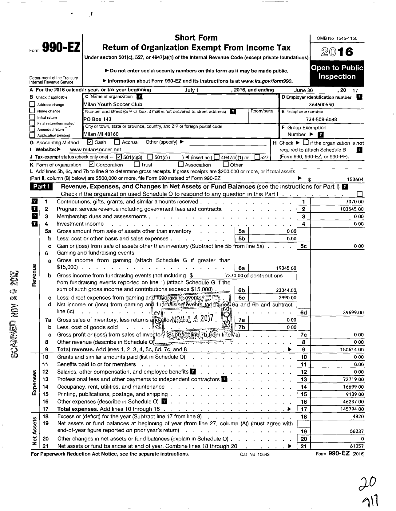 Image of first page of 2016 Form 990EZ for Milan Youth Soccer Club