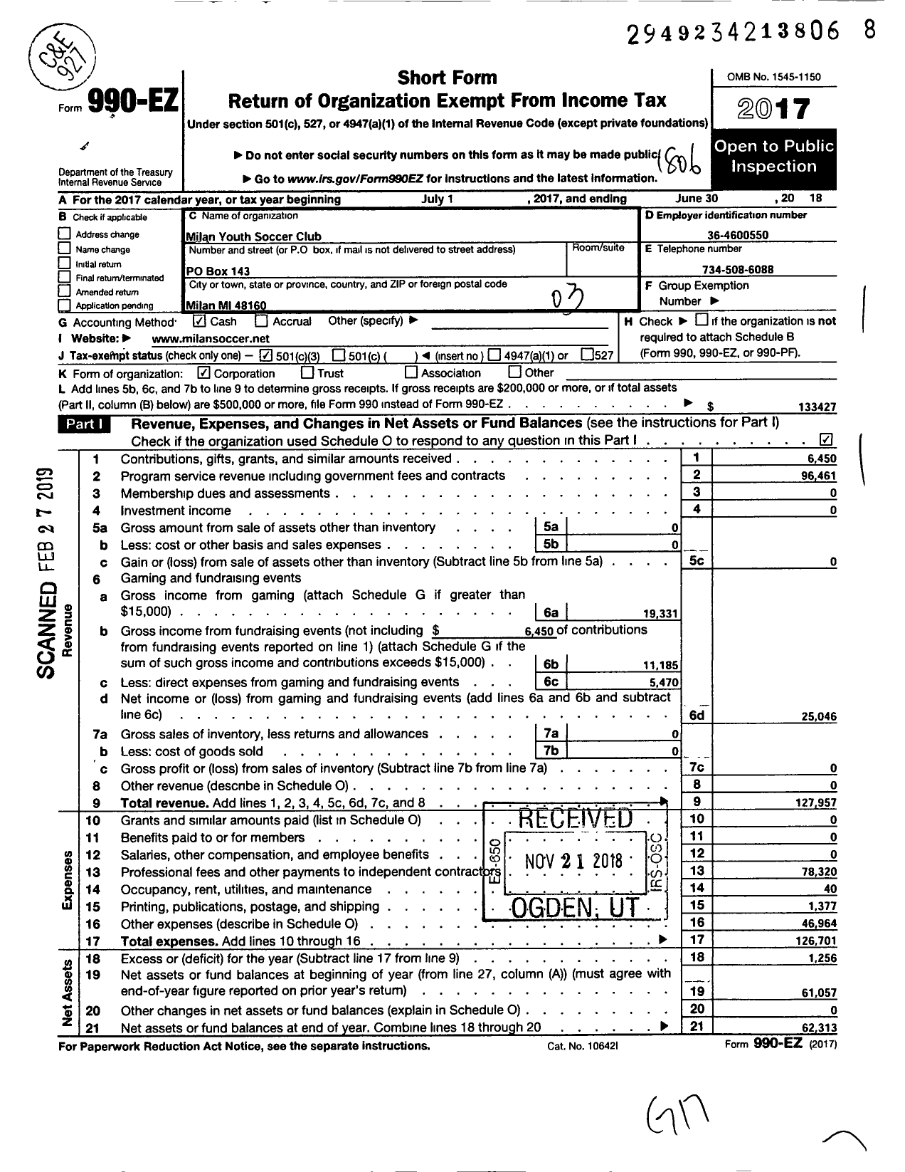 Image of first page of 2017 Form 990EZ for Milan Youth Soccer Club