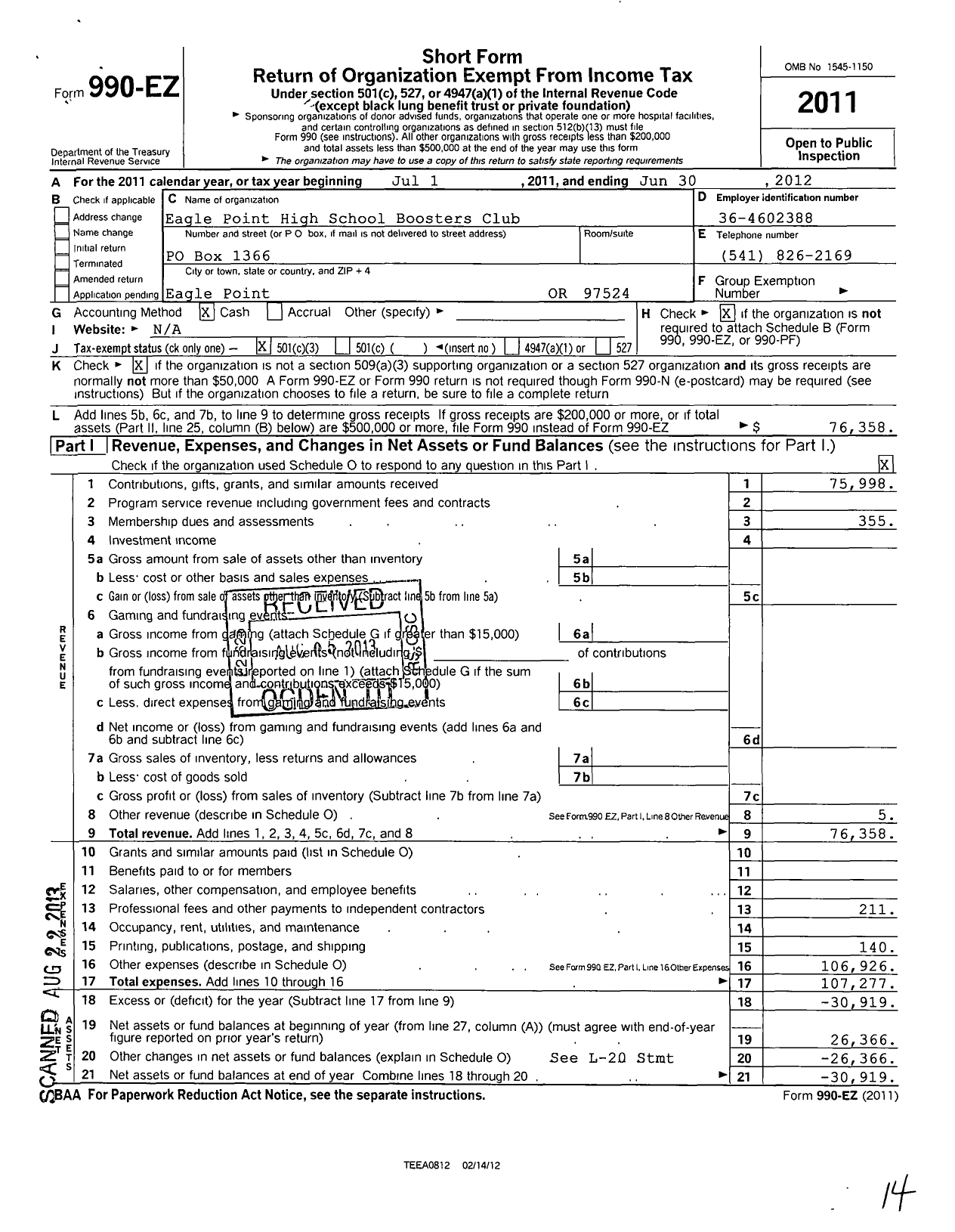 Image of first page of 2011 Form 990EZ for Eagle Point High School Boosters