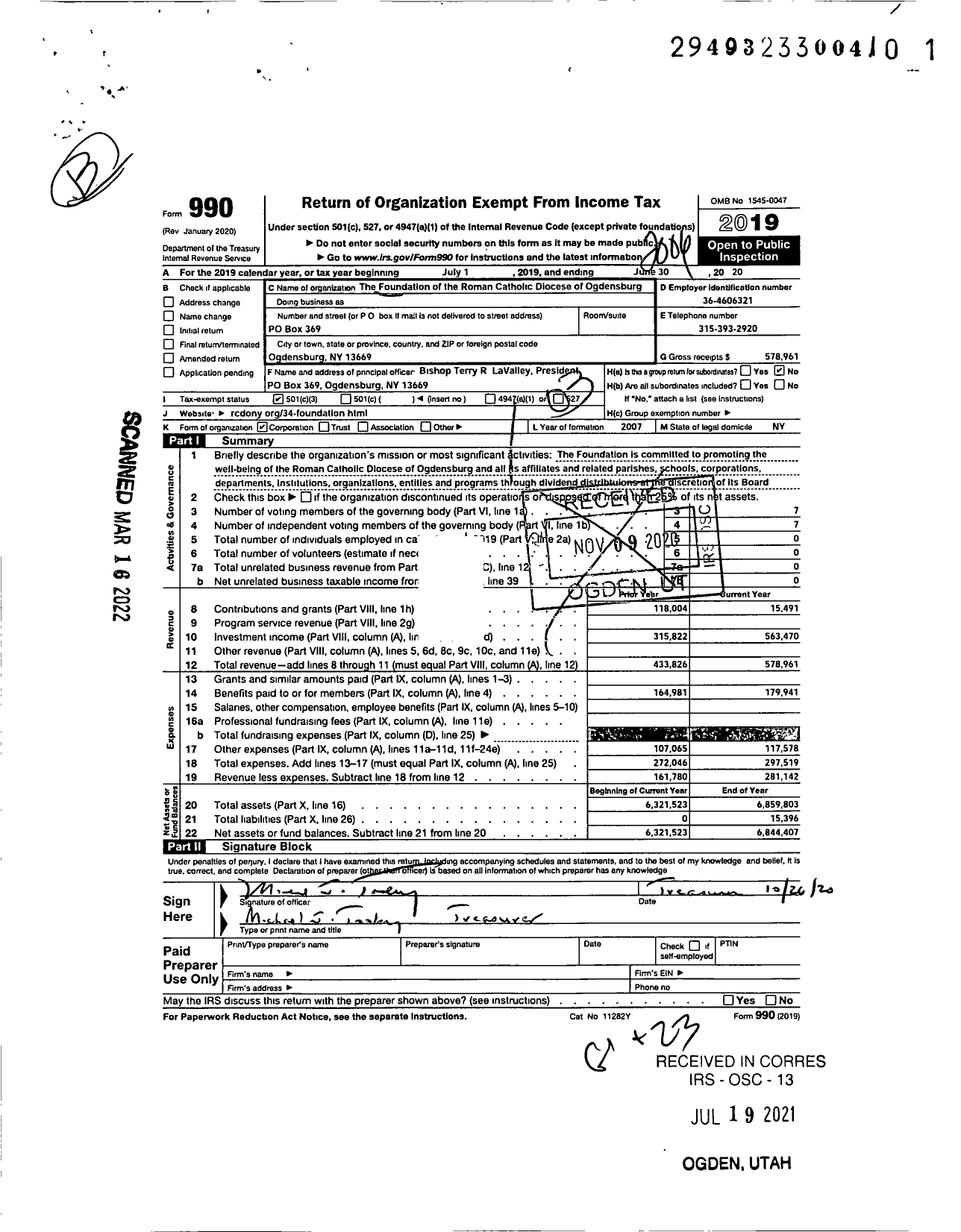 Image of first page of 2019 Form 990 for Foundation of the Roman Catholic Diocese of Ogdensburg