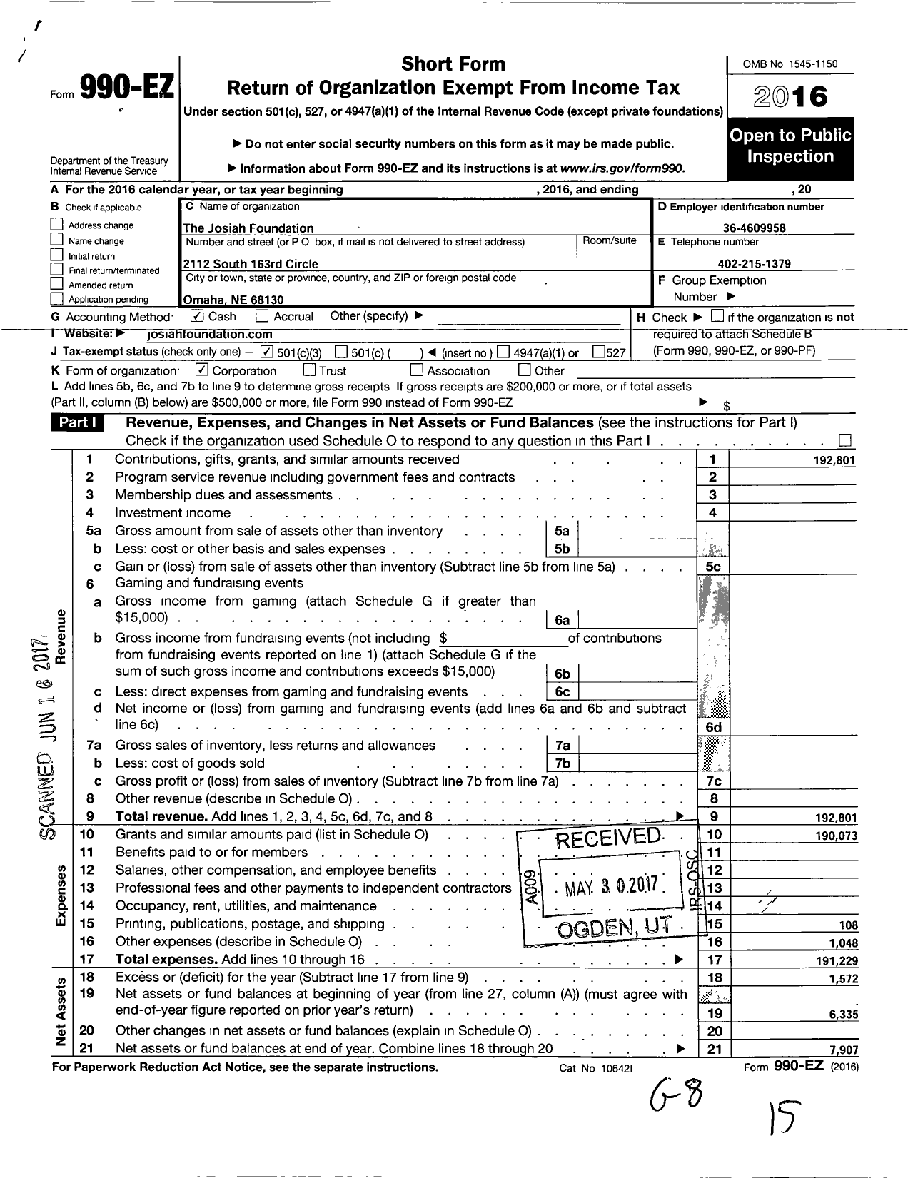 Image of first page of 2016 Form 990EZ for The Josiah Foundation