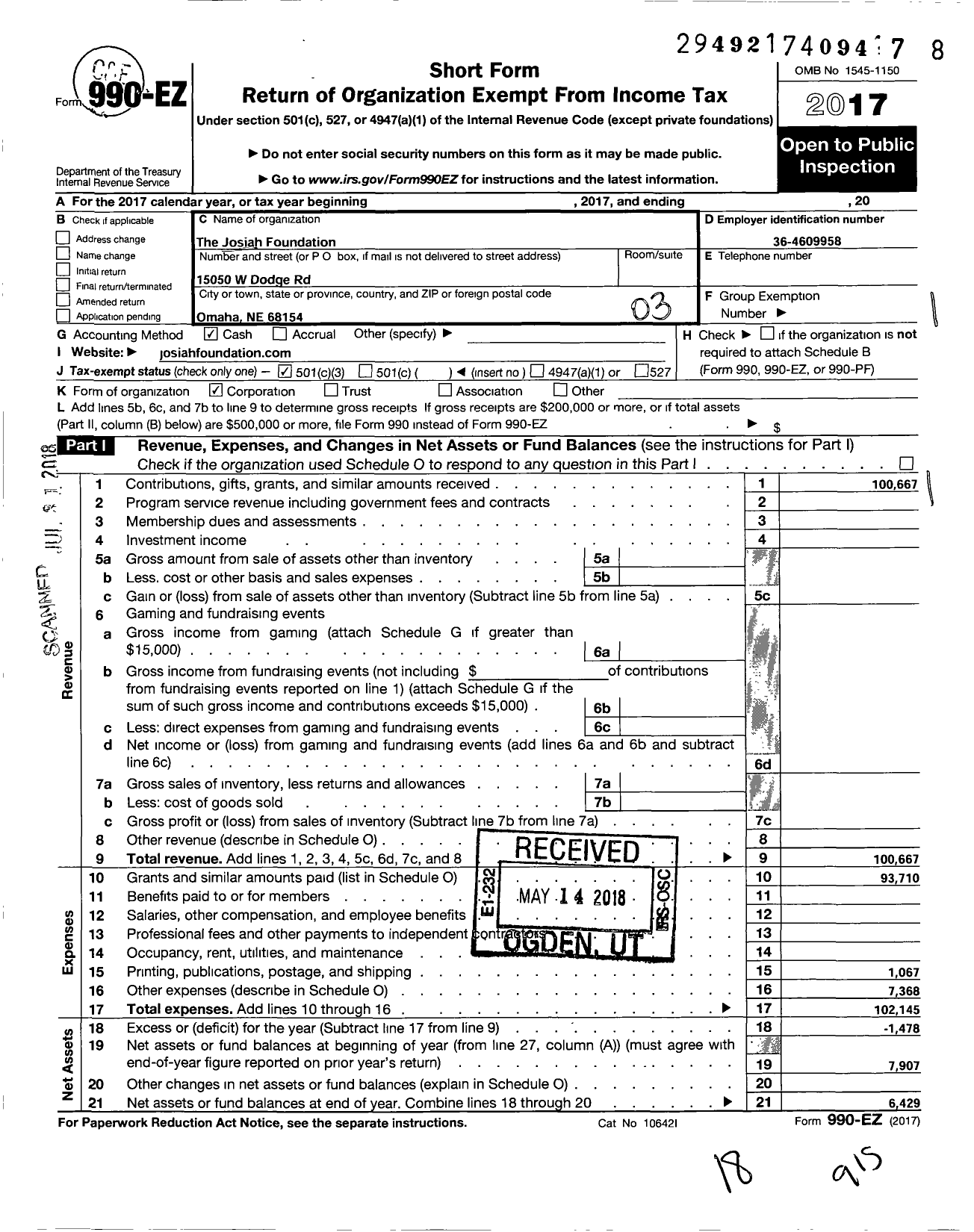 Image of first page of 2017 Form 990EZ for The Josiah Foundation