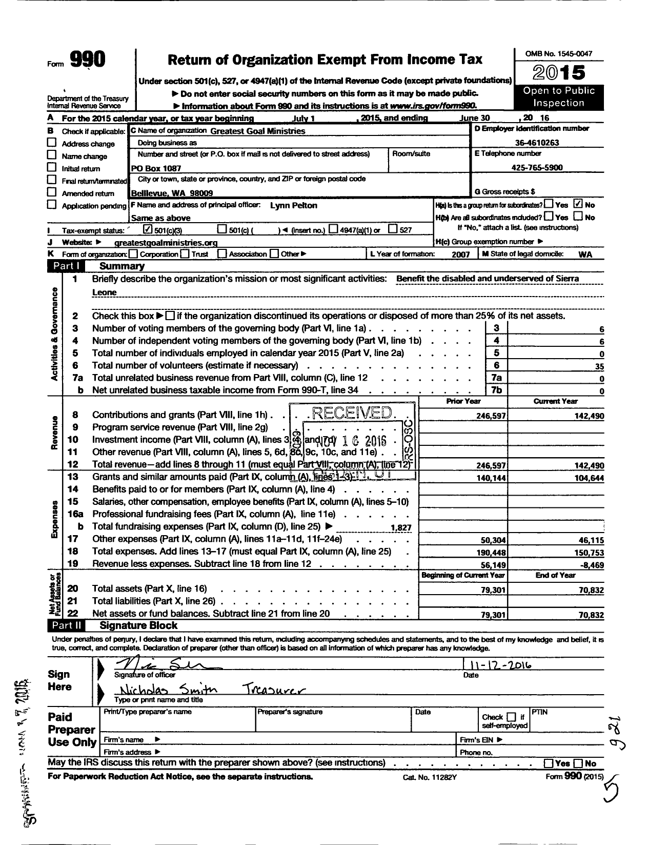 Image of first page of 2015 Form 990 for Greatest Goal Ministries USA