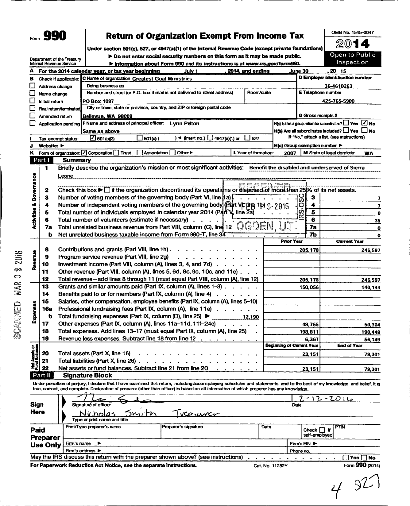 Image of first page of 2014 Form 990 for Greatest Goal Ministries USA