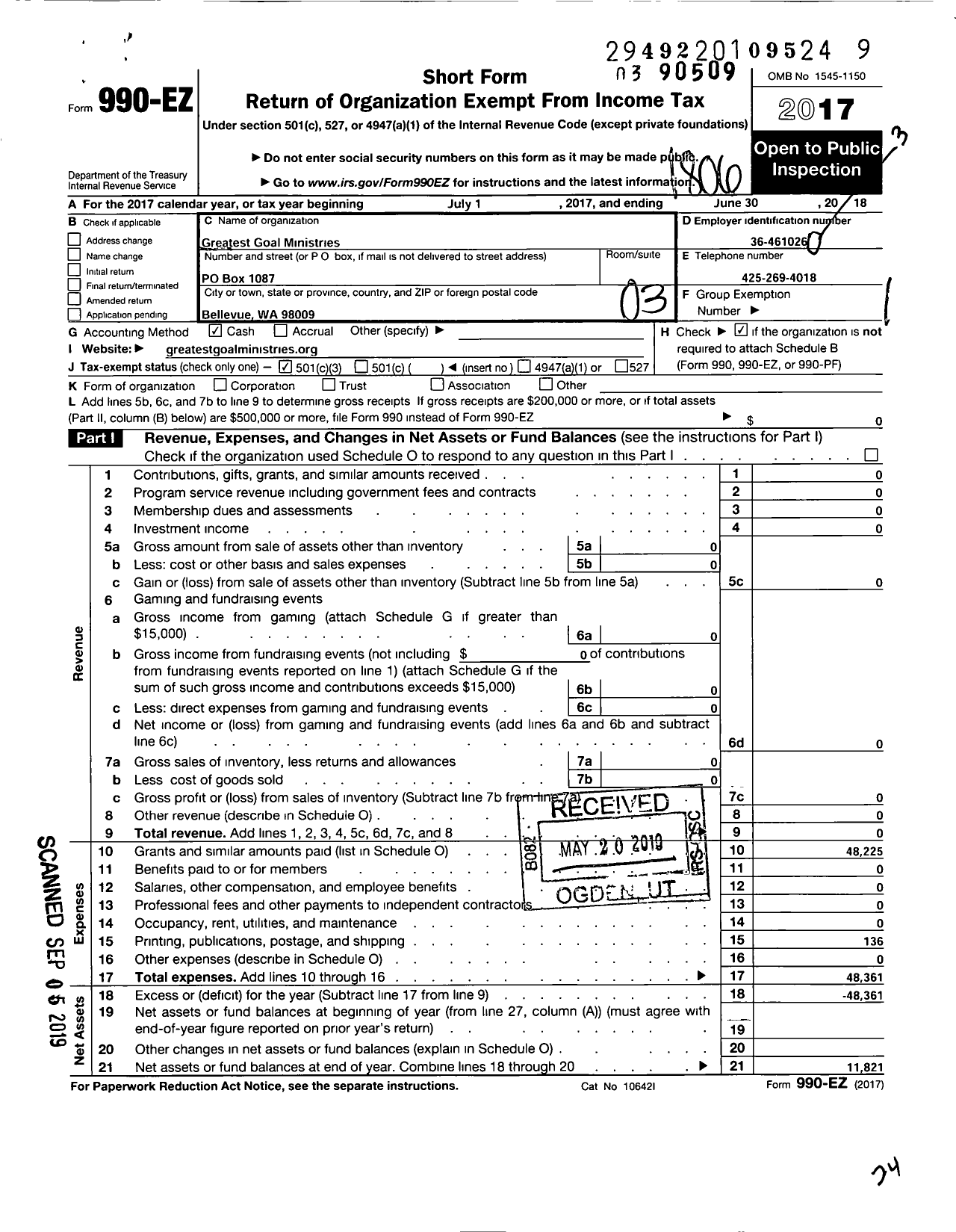 Image of first page of 2017 Form 990EZ for Greatest Goal Ministries USA