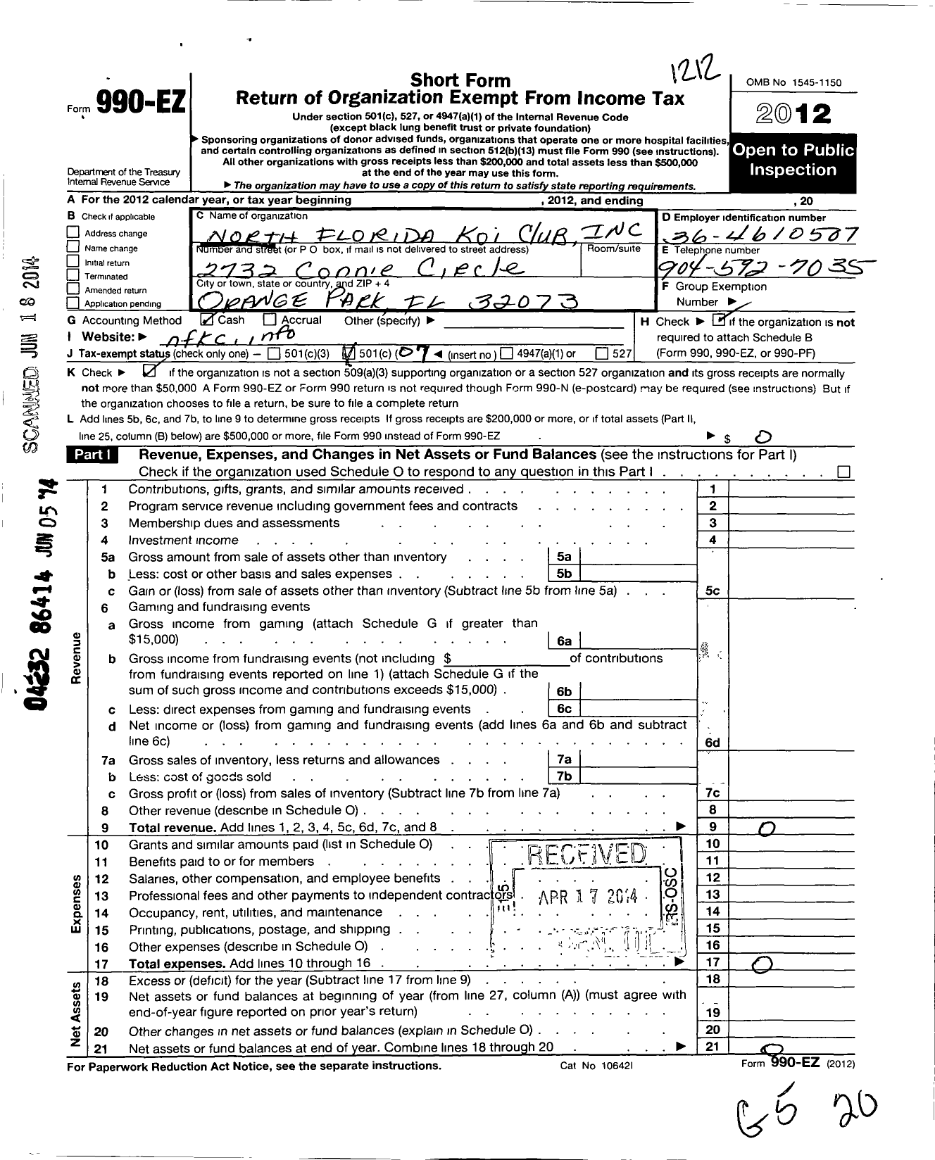 Image of first page of 2012 Form 990EO for North Florida Koi Club