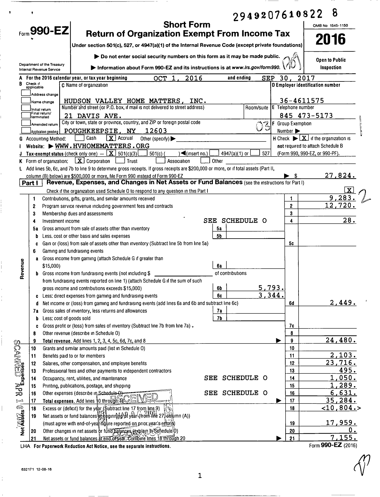 Image of first page of 2016 Form 990EZ for Hudson Valley Home Matters