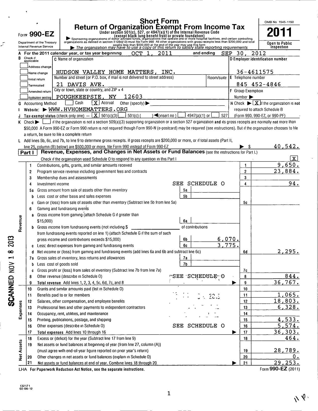 Image of first page of 2011 Form 990EZ for Hudson Valley Home Matters