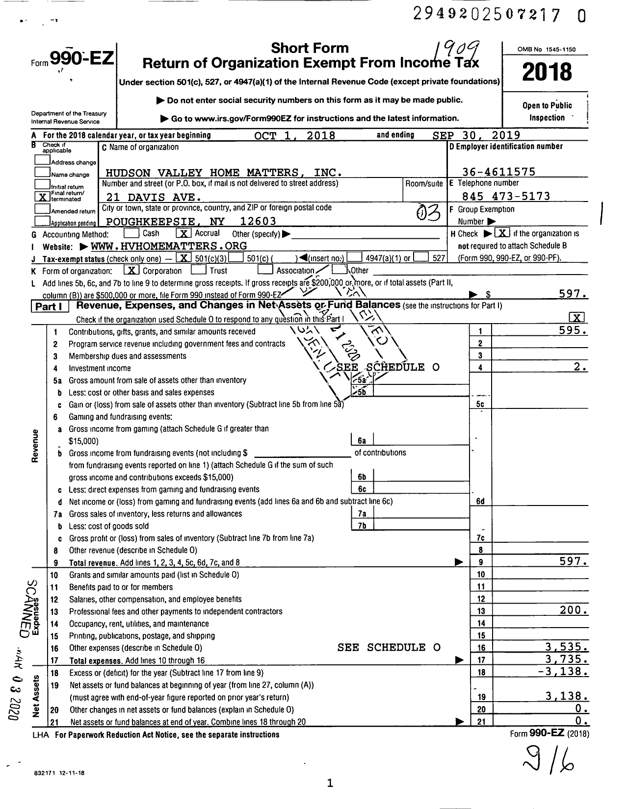 Image of first page of 2018 Form 990EZ for Hudson Valley Home Matters