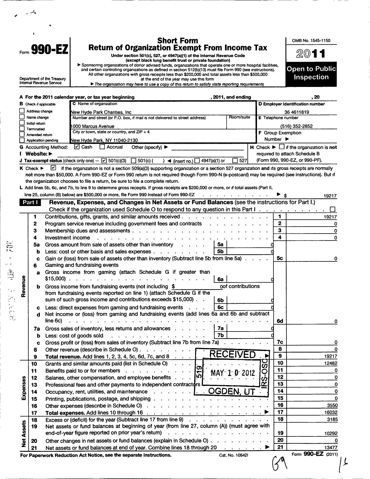 Image of first page of 2011 Form 990EZ for New Hyde Park Charities