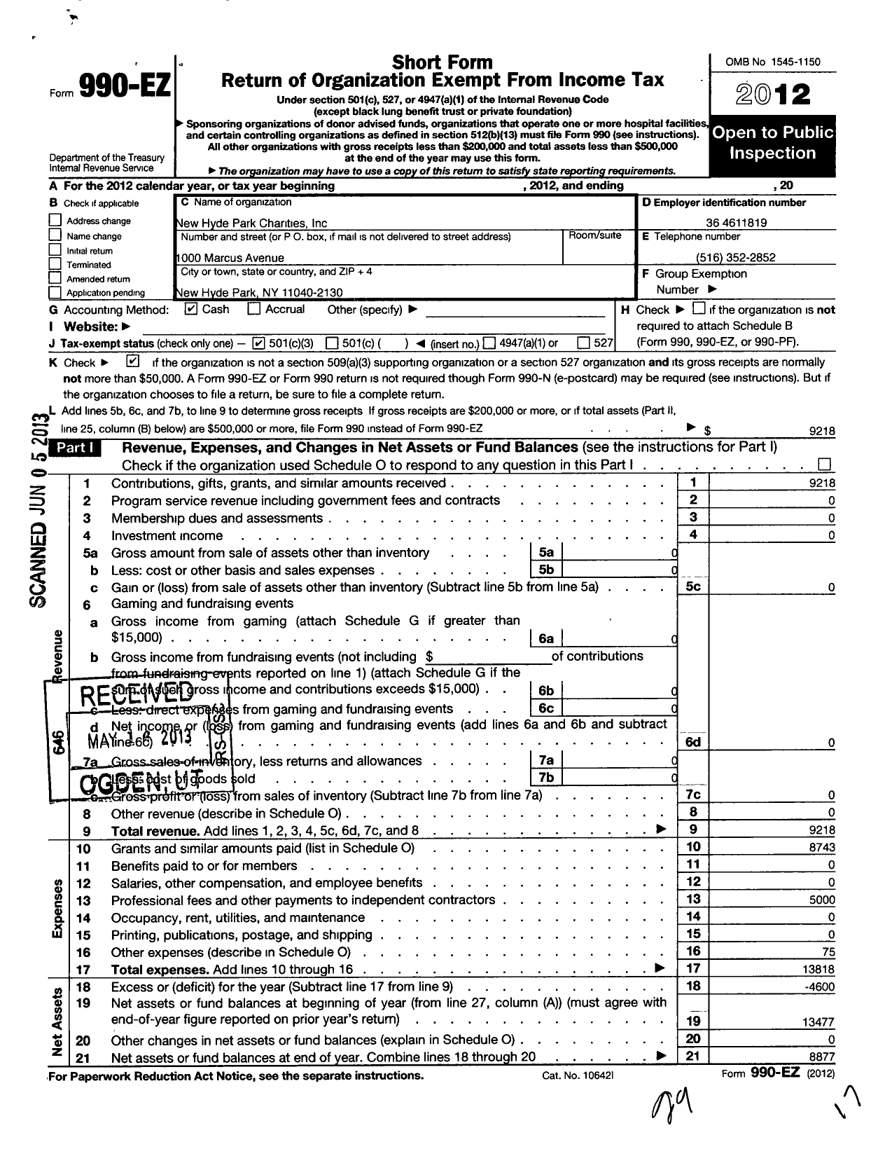 Image of first page of 2012 Form 990EZ for New Hyde Park Charities