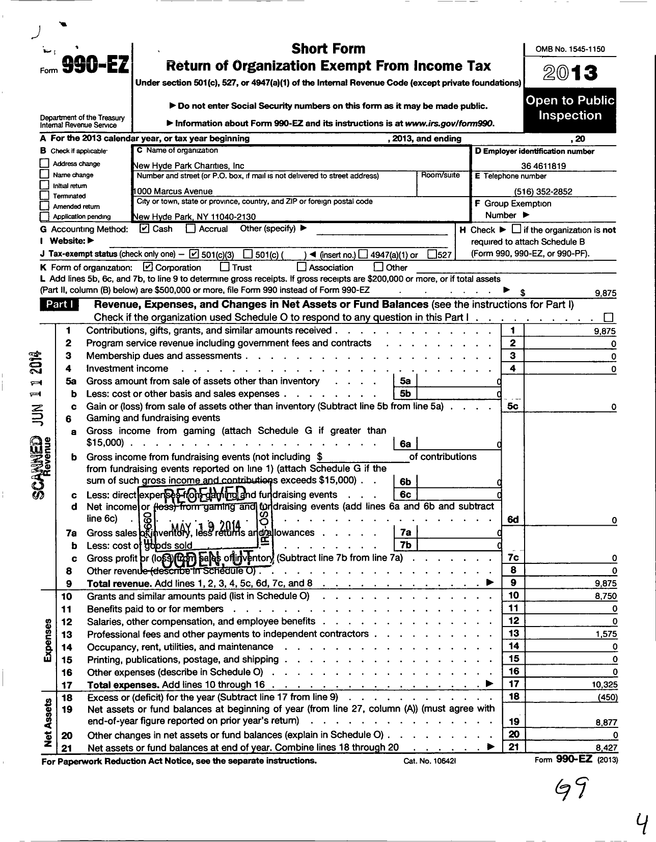 Image of first page of 2013 Form 990EZ for New Hyde Park Charities