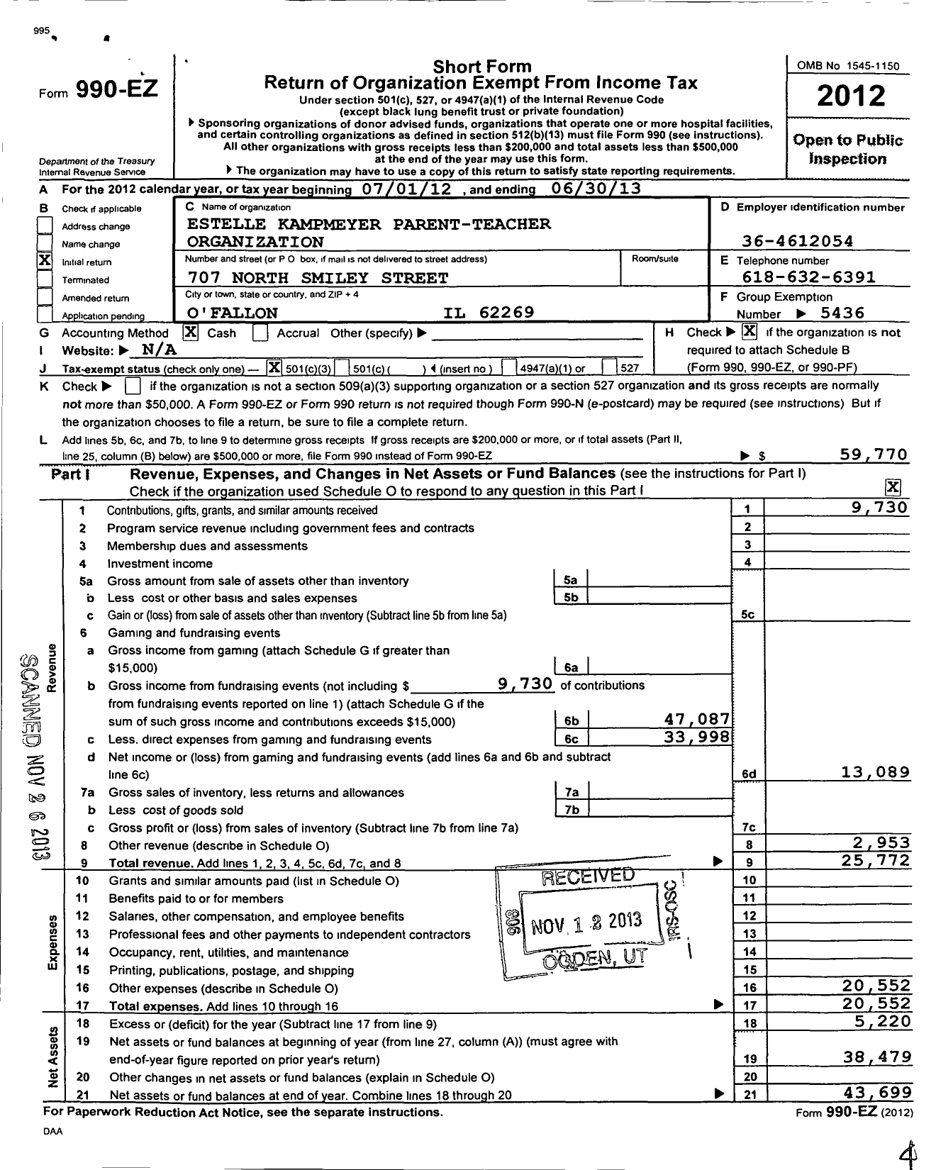 Image of first page of 2012 Form 990EZ for Estelle Kampmeyer Parent-Teacher Organization