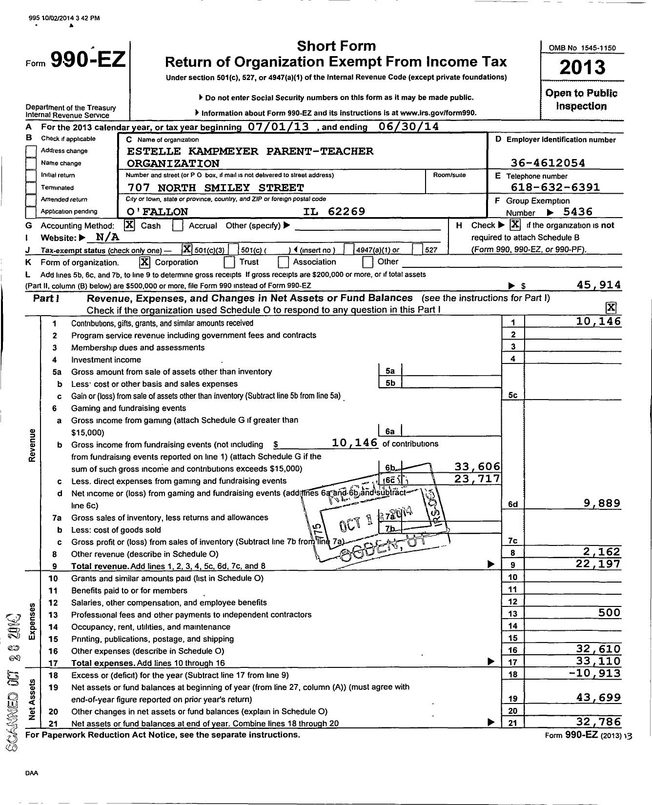 Image of first page of 2013 Form 990EZ for Estelle Kampmeyer Parent-Teacher Organization