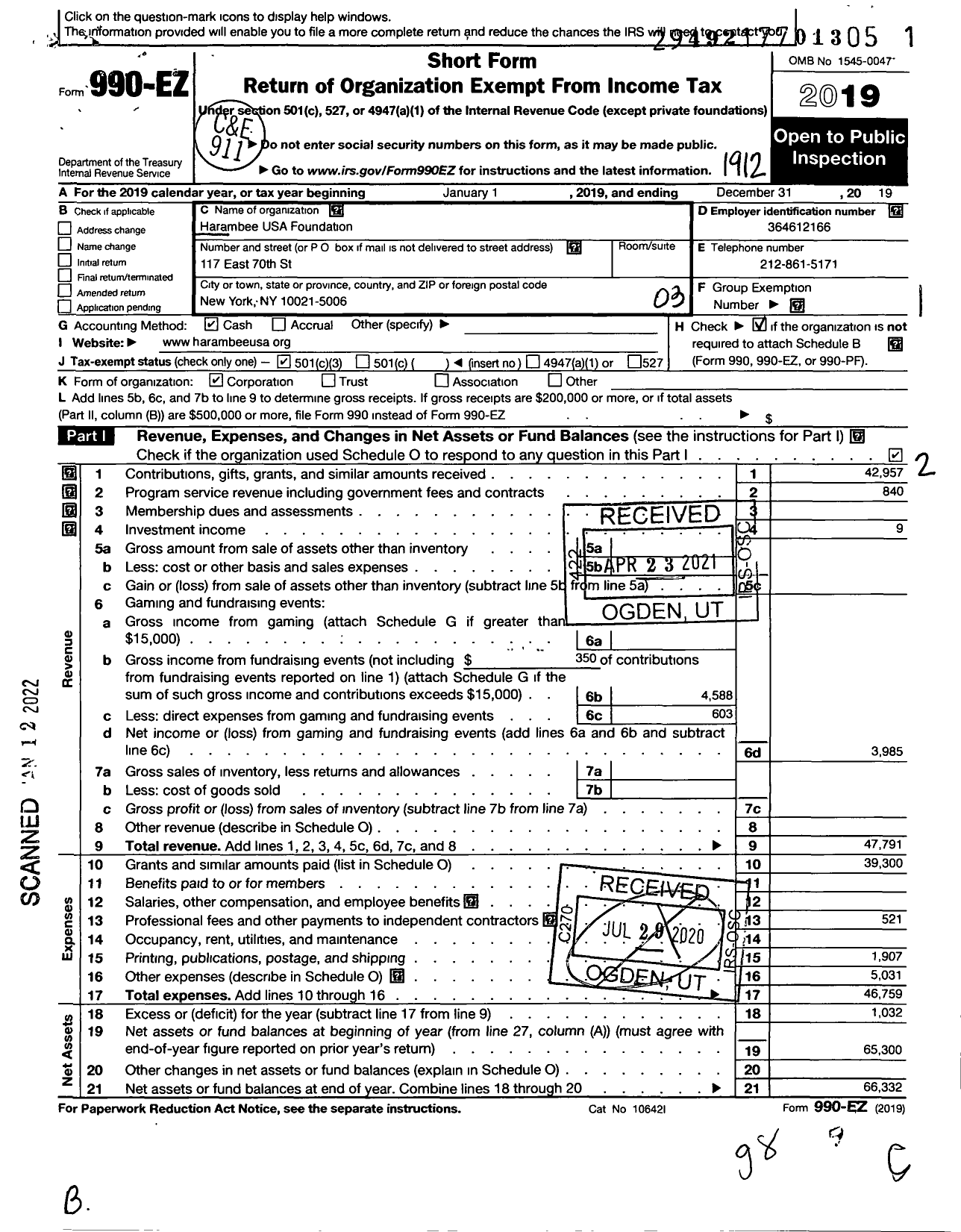 Image of first page of 2019 Form 990EZ for Harambee USA Foundation