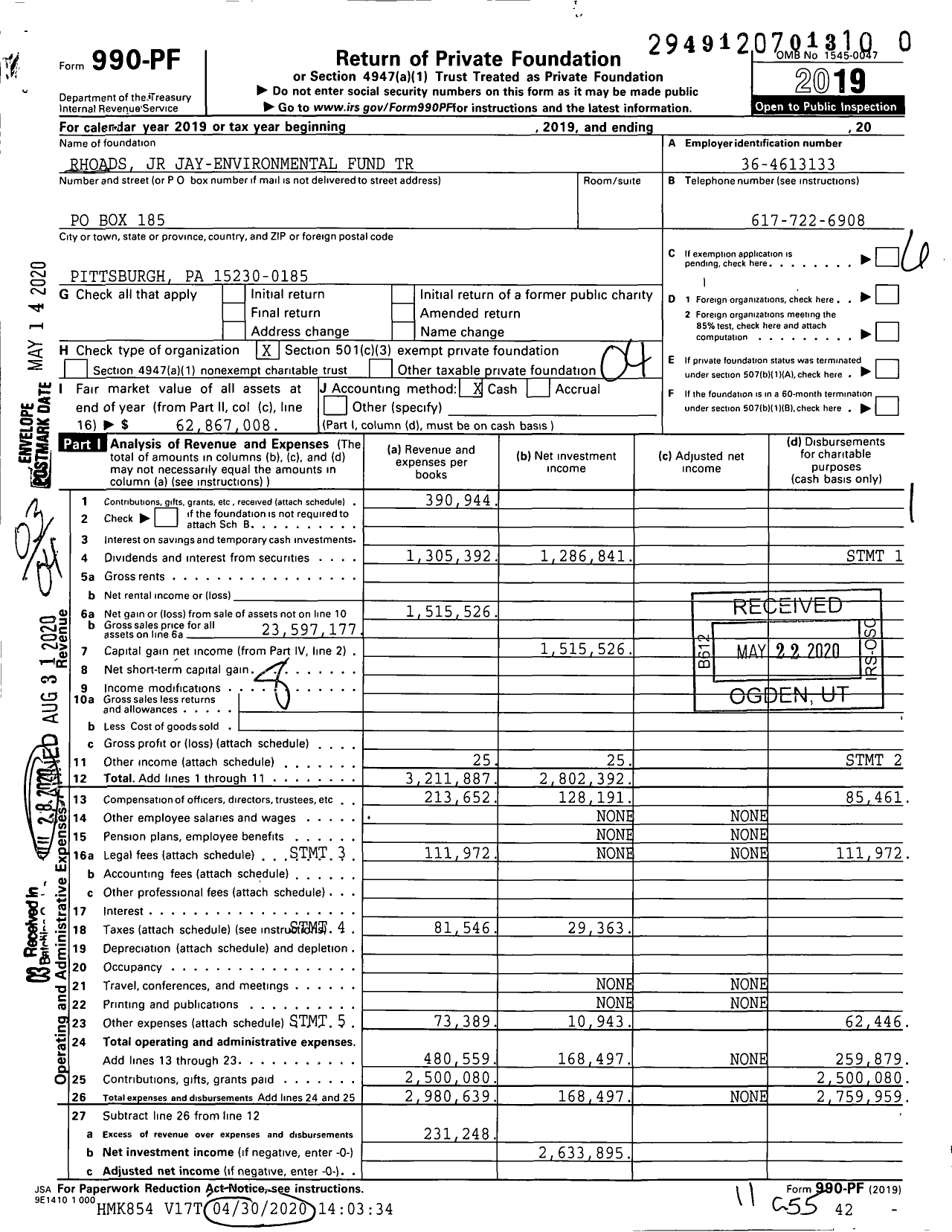 Image of first page of 2019 Form 990PR for Rhoads JR Jay-Environmental Fund Trust