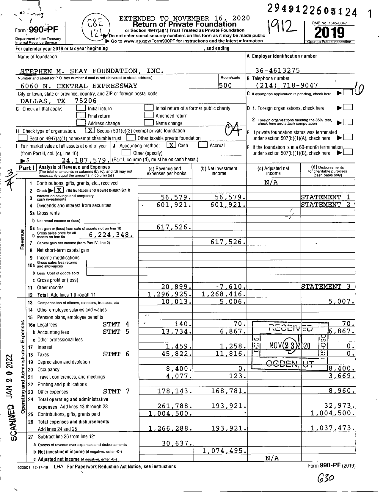Image of first page of 2019 Form 990PF for Stephen M Seay Foundation
