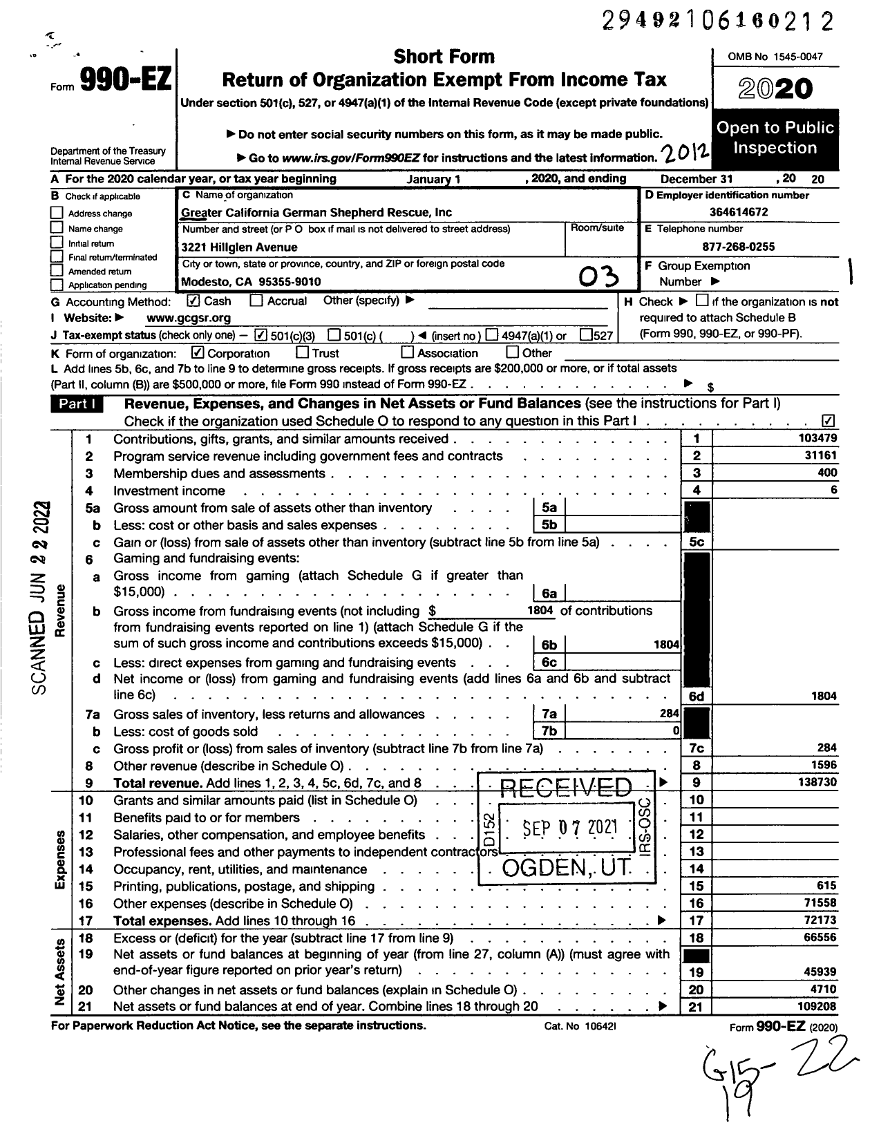 Image of first page of 2020 Form 990EZ for Greater California German Shepherd Rescue