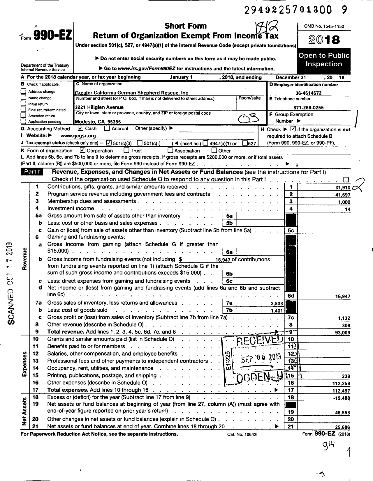 Image of first page of 2018 Form 990EZ for Greater California German Shepherd Rescue