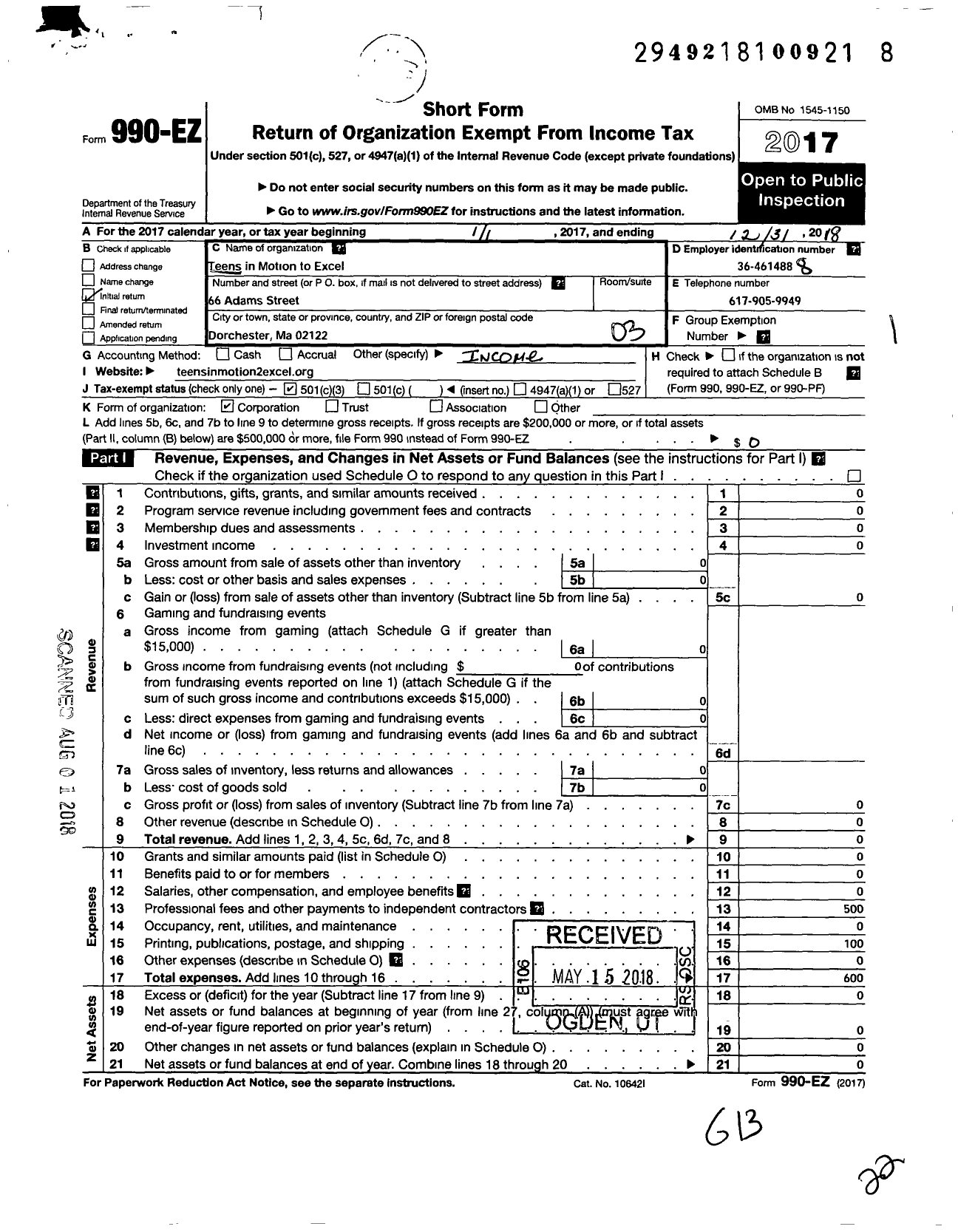 Image of first page of 2018 Form 990EZ for Teens in Motion To Excel