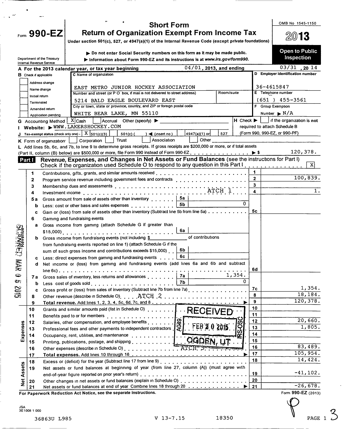 Image of first page of 2013 Form 990EZ for East Metro Junior Hockey Association