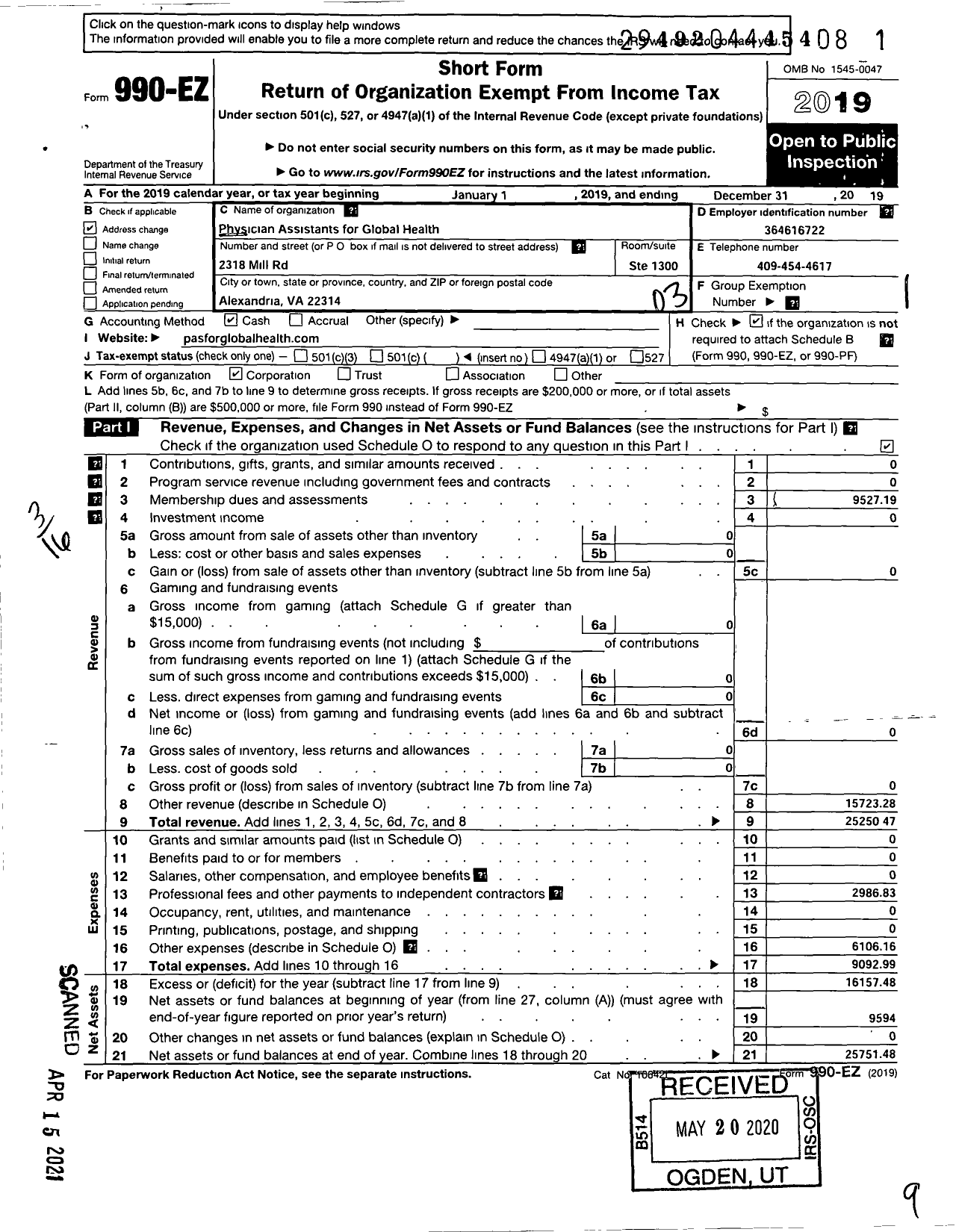 Image of first page of 2019 Form 990EZ for Physician Assistants for Global Health