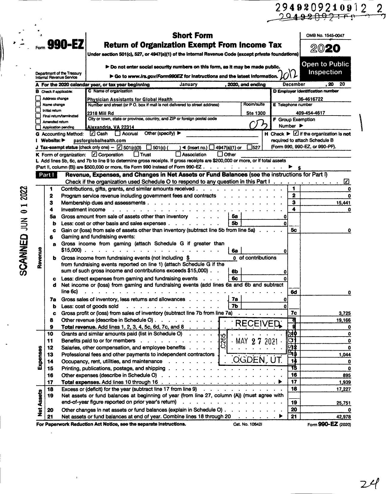 Image of first page of 2020 Form 990EZ for Physician Assistants for Global Health