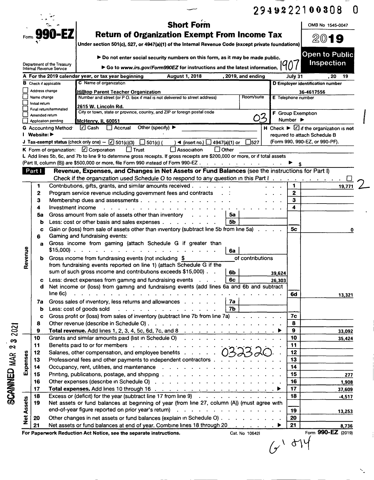 Image of first page of 2018 Form 990EZ for Hilltop Elementary School Pto